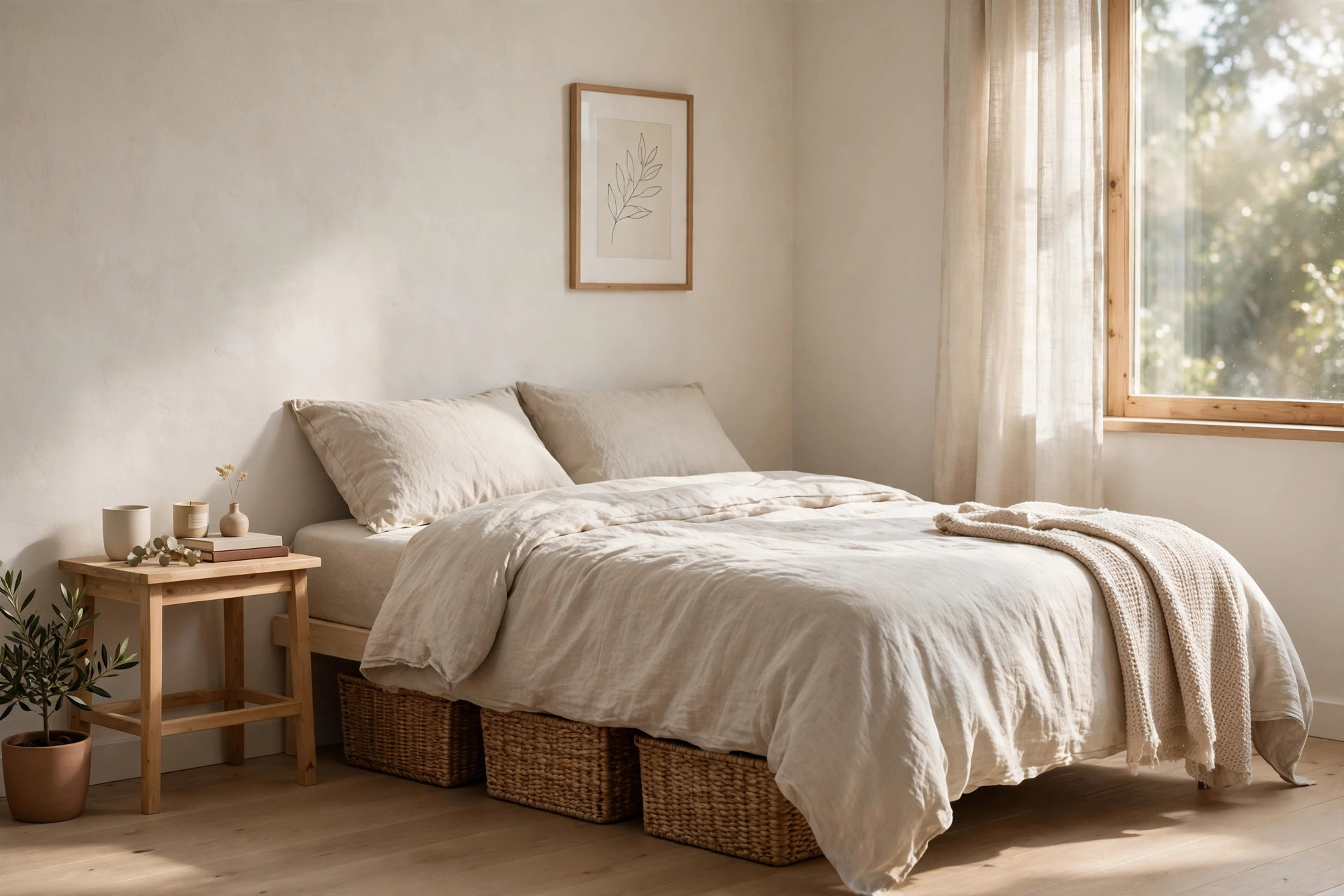 Under-bed storage bins neatly organized in a small bedroom
