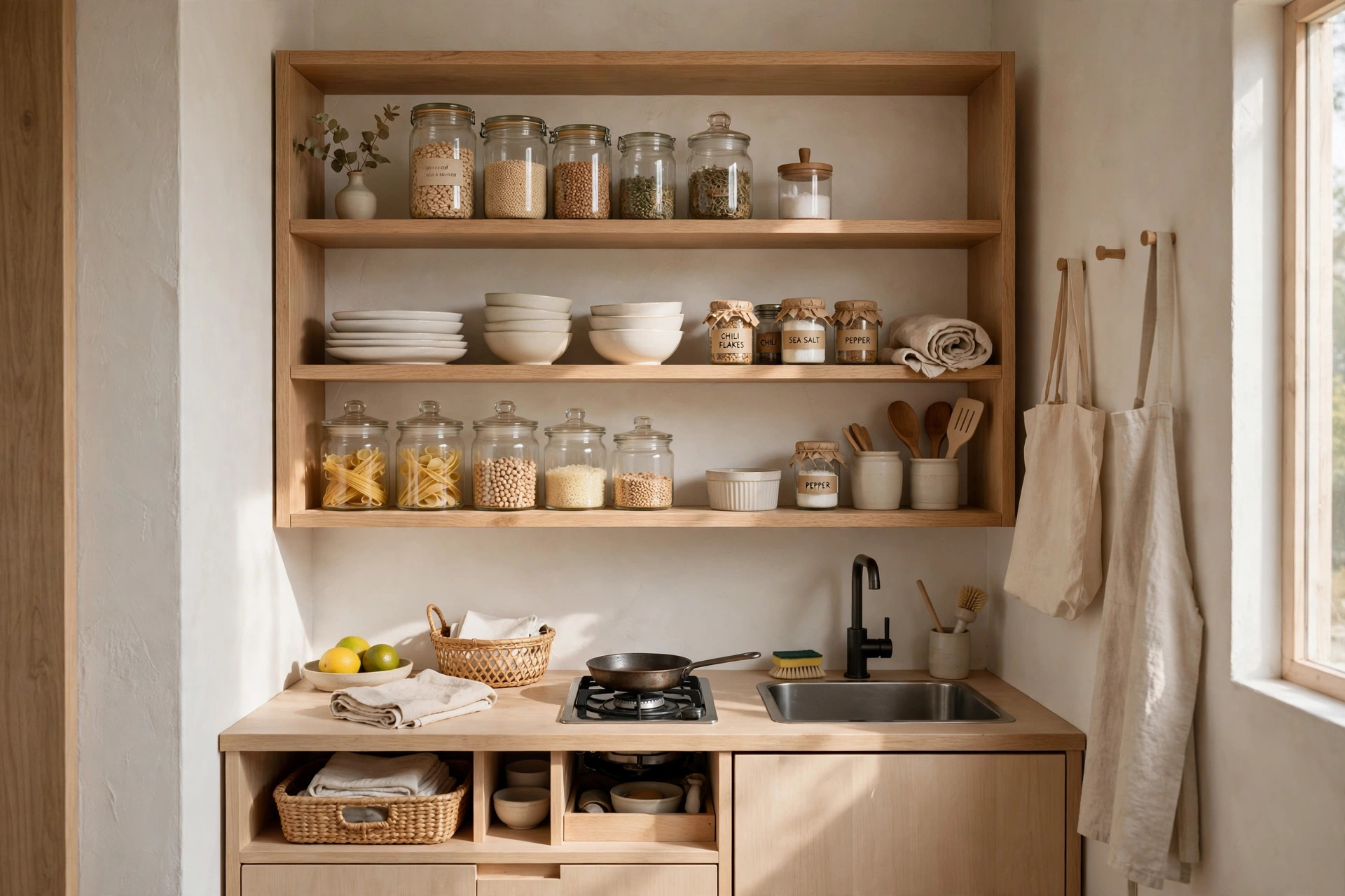 Organized tiny pantry with labeled glass jars on kitchen shelves