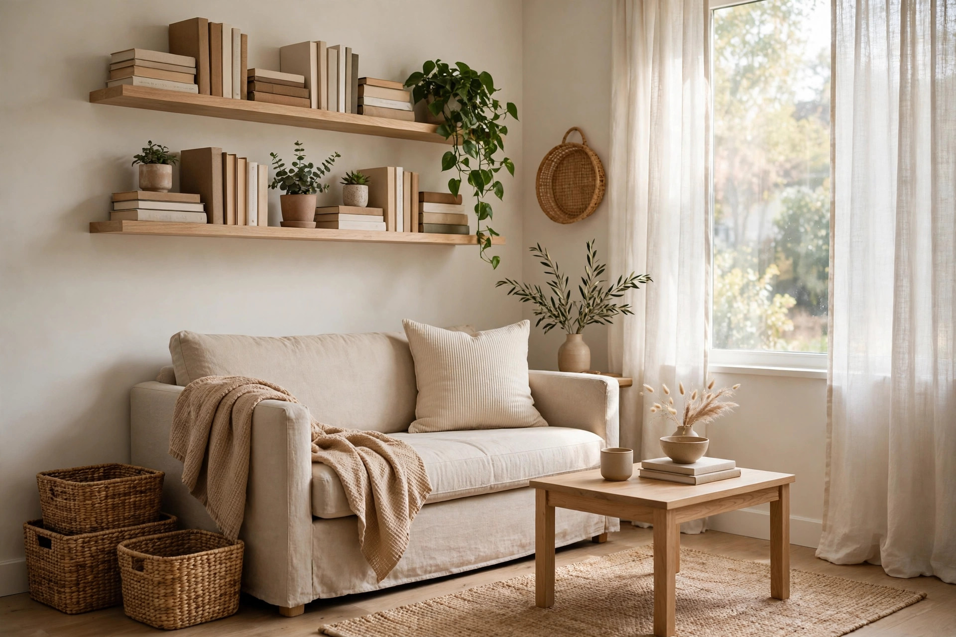 Tidy small living room after decluttering, with labeled storage baskets