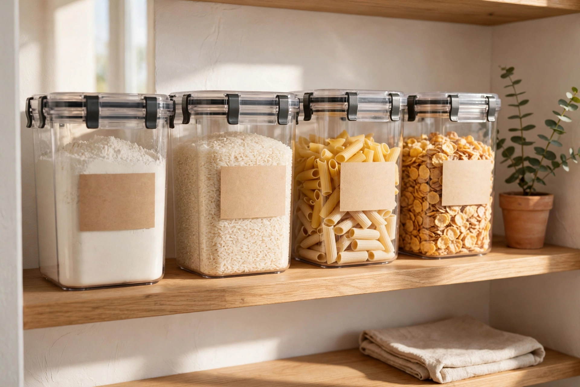 Bright small-apartment pantry shelf neatly organized with clear airtight food storage containers filled with flour, rice, pasta and cereal