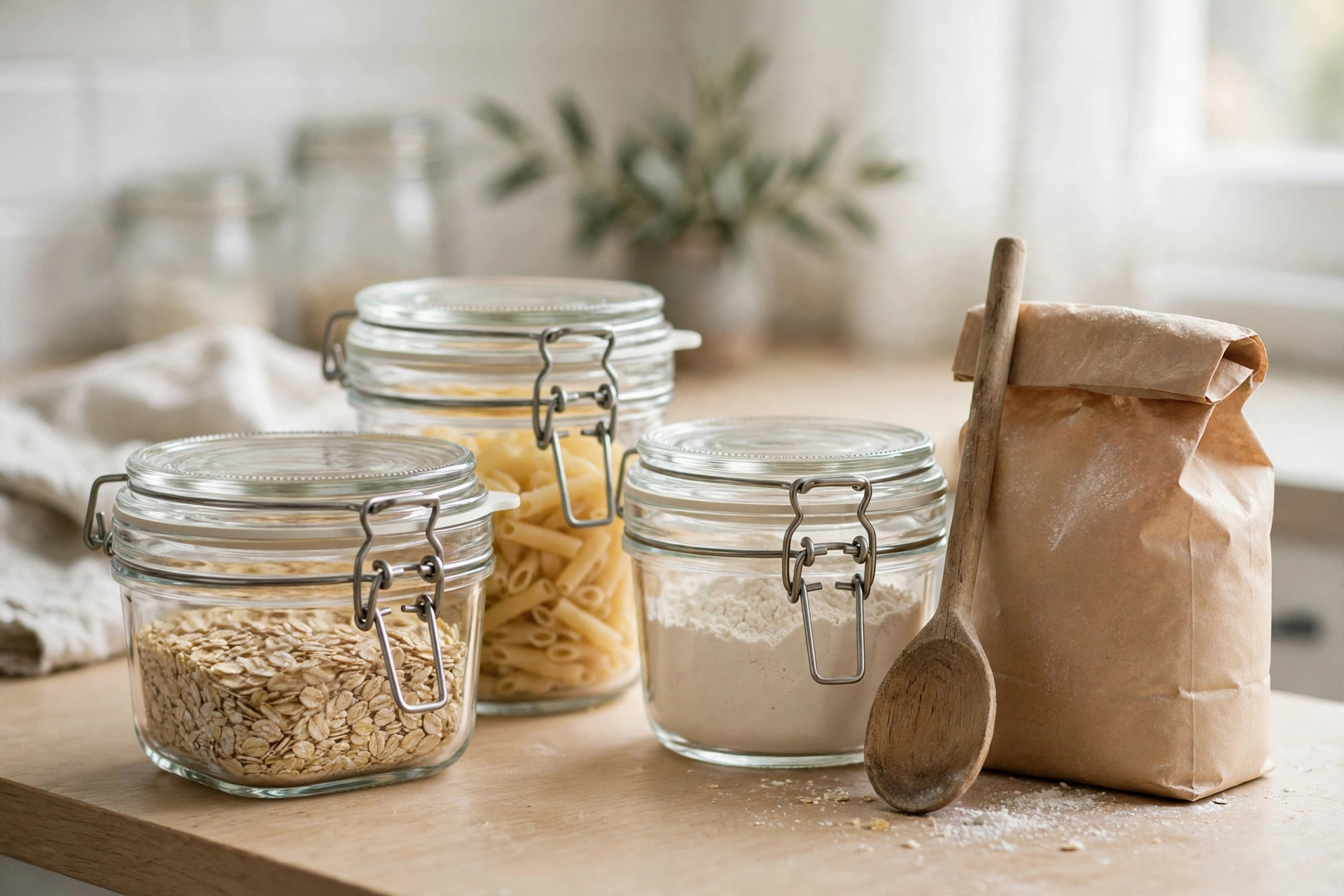 Clear glass food storage containers with latched lids on a small kitchen counter beside a bag of flour and a wooden spoon