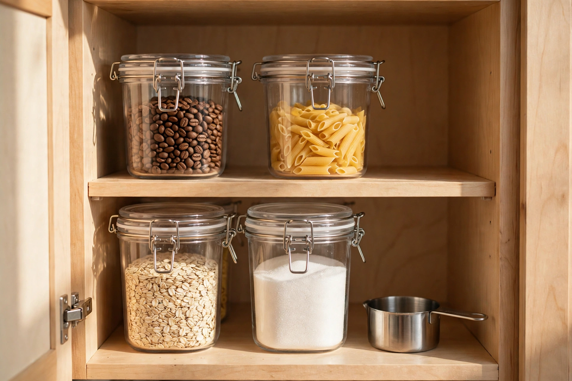 Small kitchen cabinet interior with stacked clear airtight containers holding oats, sugar, coffee beans and pasta beside a measuring cup