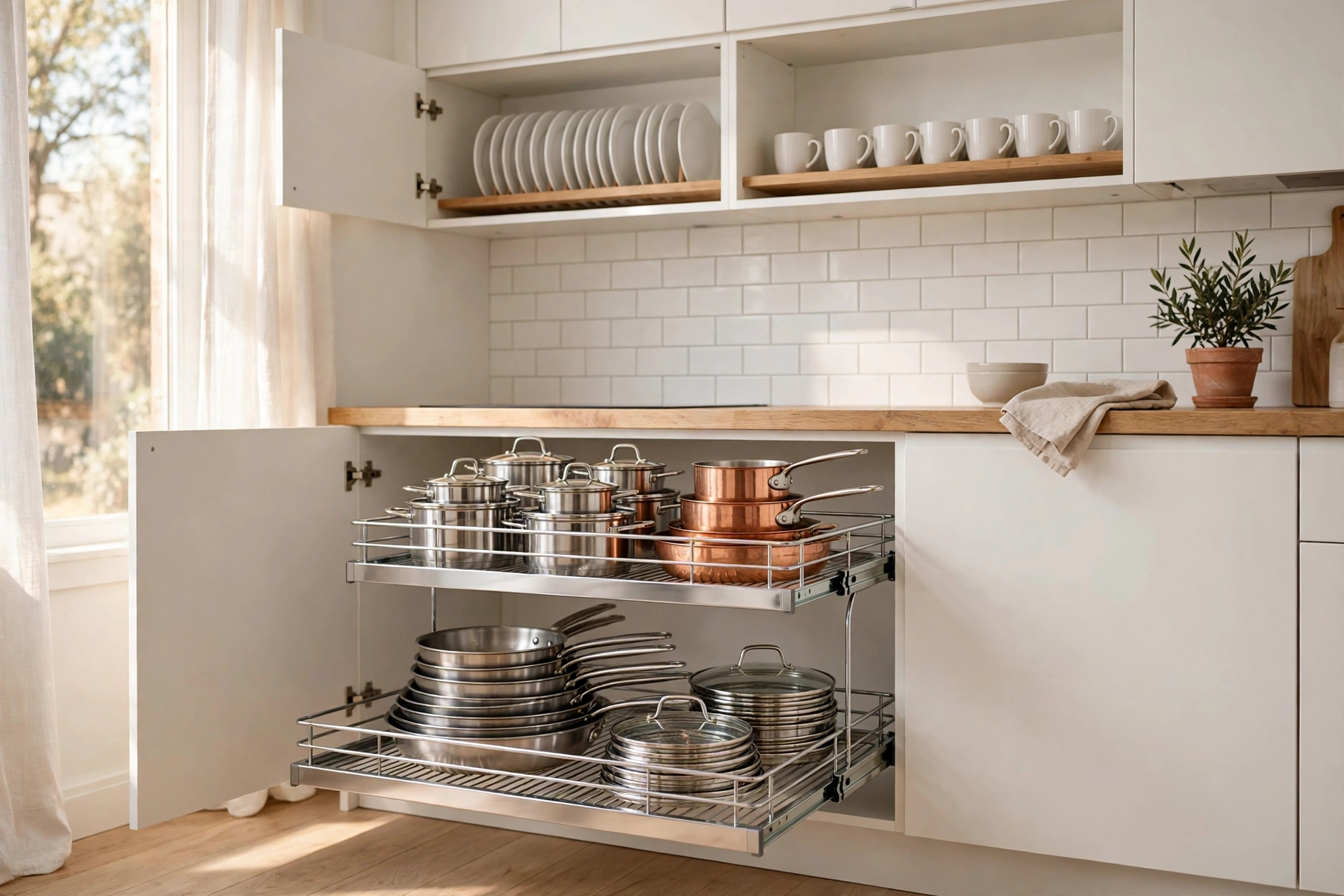 Open kitchen base cabinet with a chrome two-tier pull-out organizer holding pots and pans, and organized upper cabinets with plates and mugs