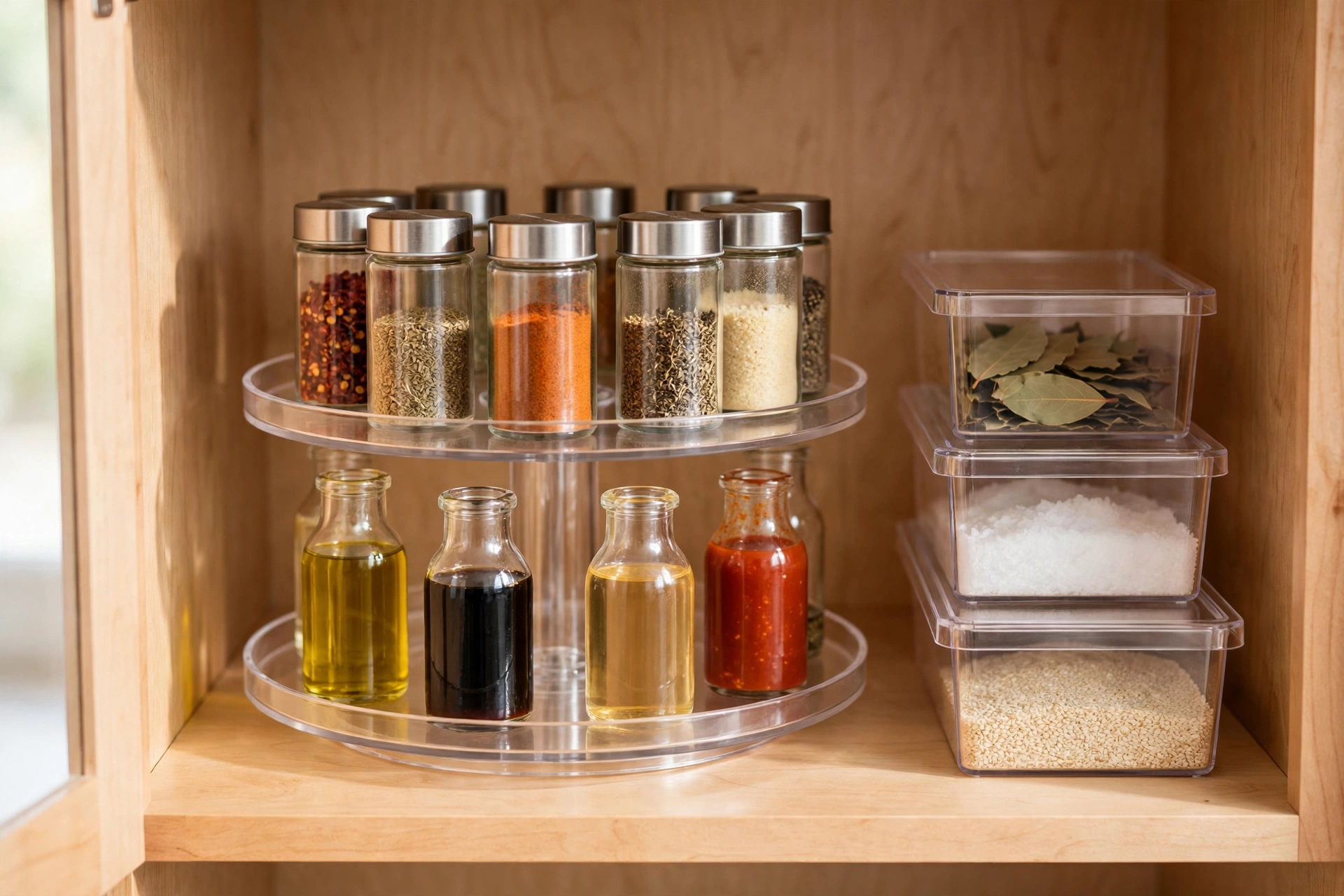 Clear two-tier lazy susan turntable with spice jars and small bottles inside a kitchen cabinet, beside clear storage bins
