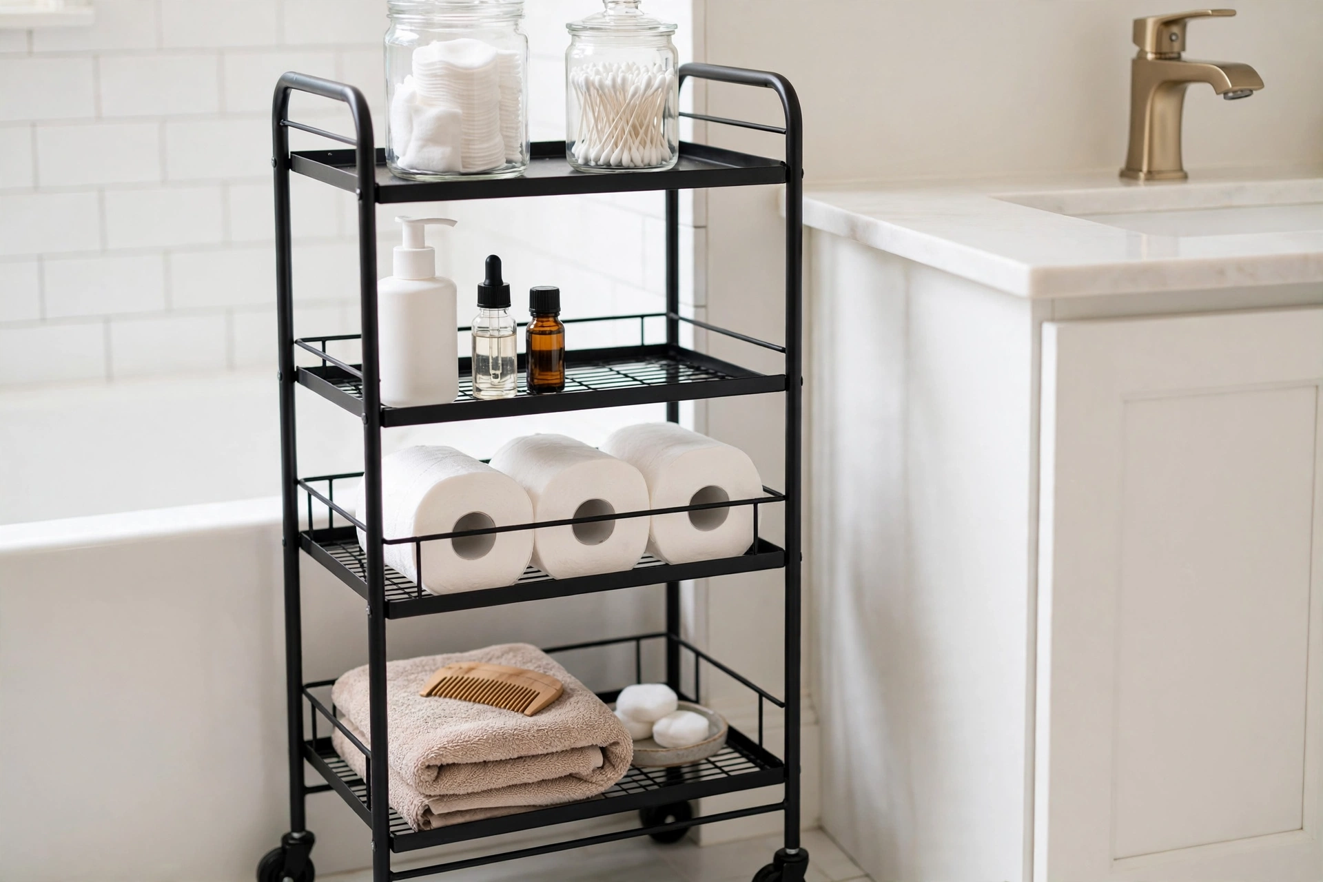 Black slim rolling storage cart organized with toiletries and towels in a small bathroom
