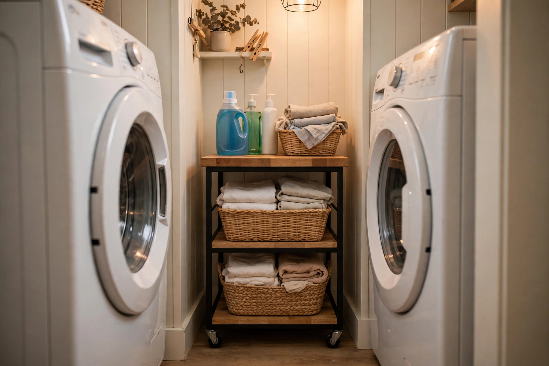 Wood-top slim rolling storage cart in a narrow laundry nook between washer and dryer