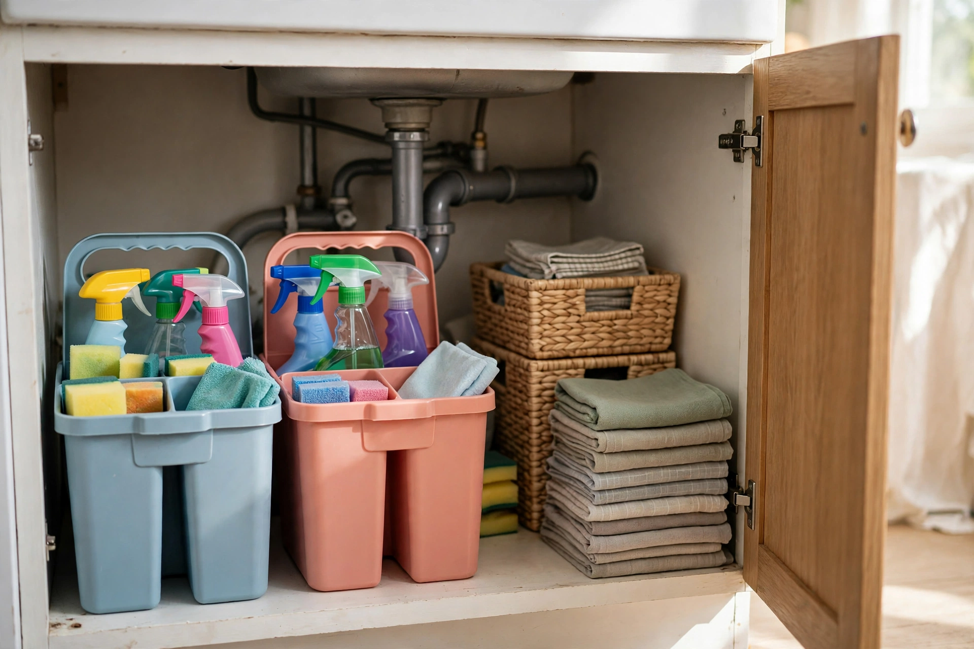 Two colorful cleaning caddies organized inside an under-sink cabinet in a small apartment
