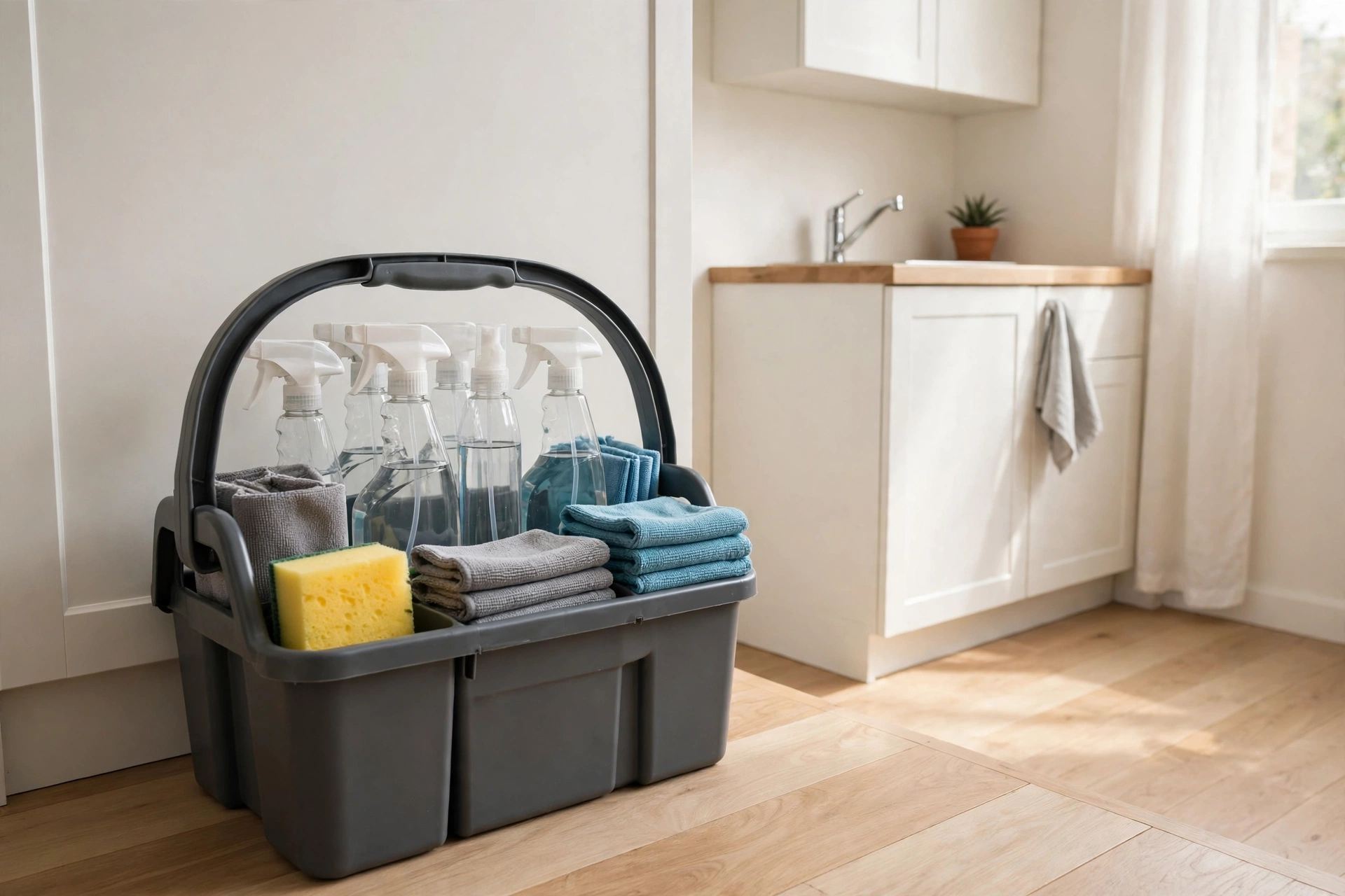 Portable cleaning tote caddy with spray bottles and sponges beside a small apartment kitchen cabinet