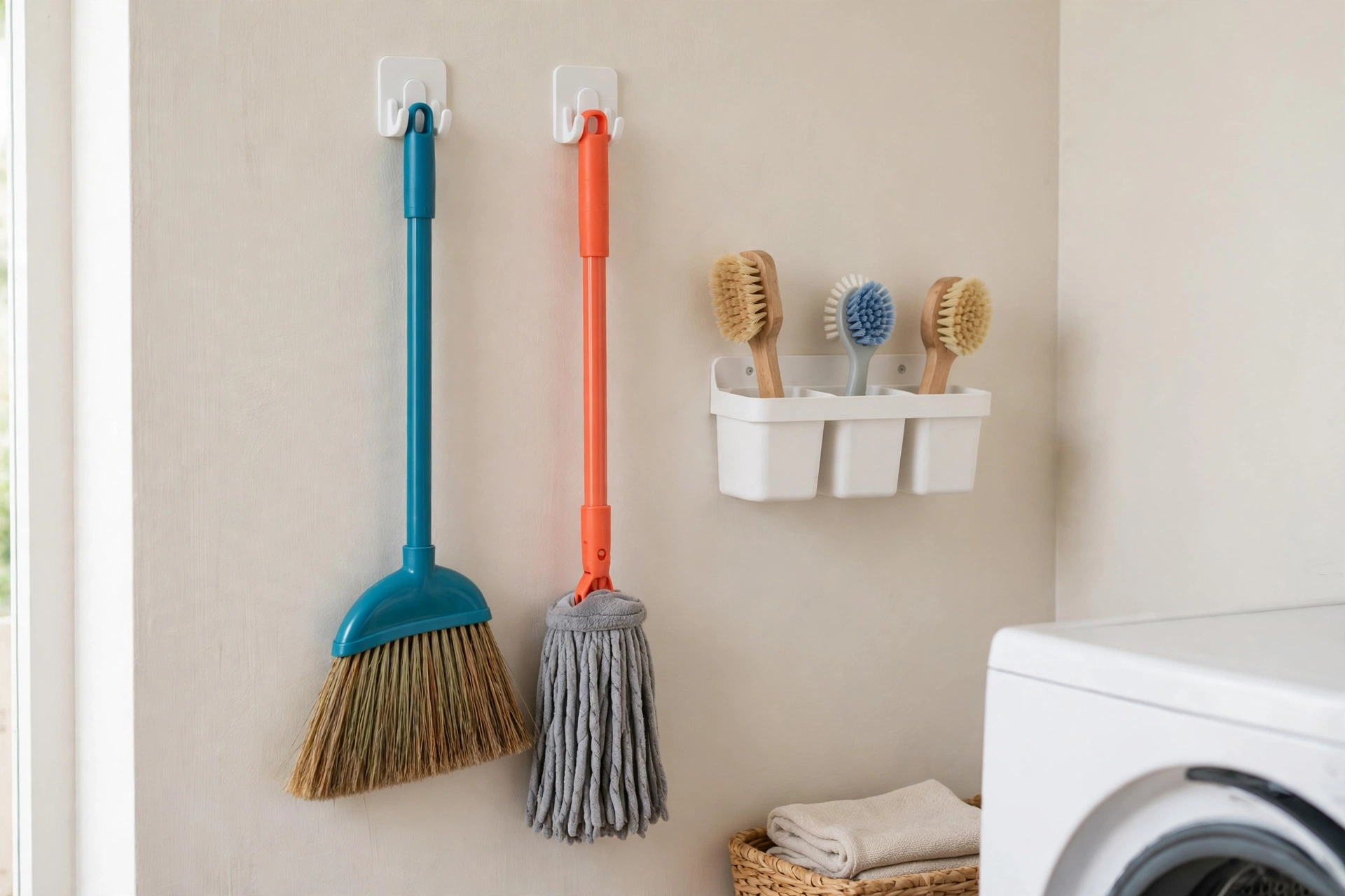 Broom and mop hanging neatly on wall gripper hooks in a small apartment laundry nook