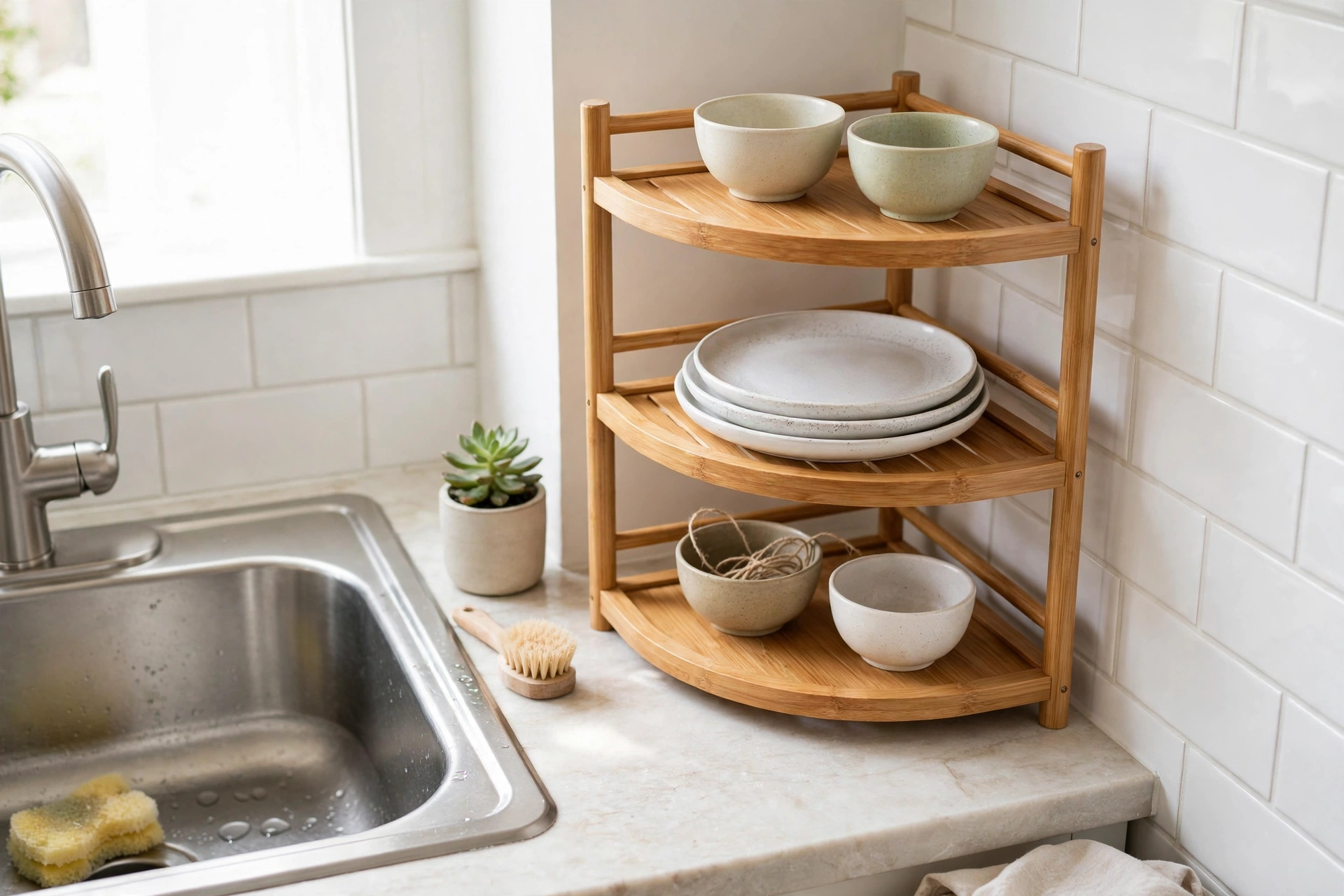Bamboo corner shelf organizer holding plates and bowls on a small kitchen counter