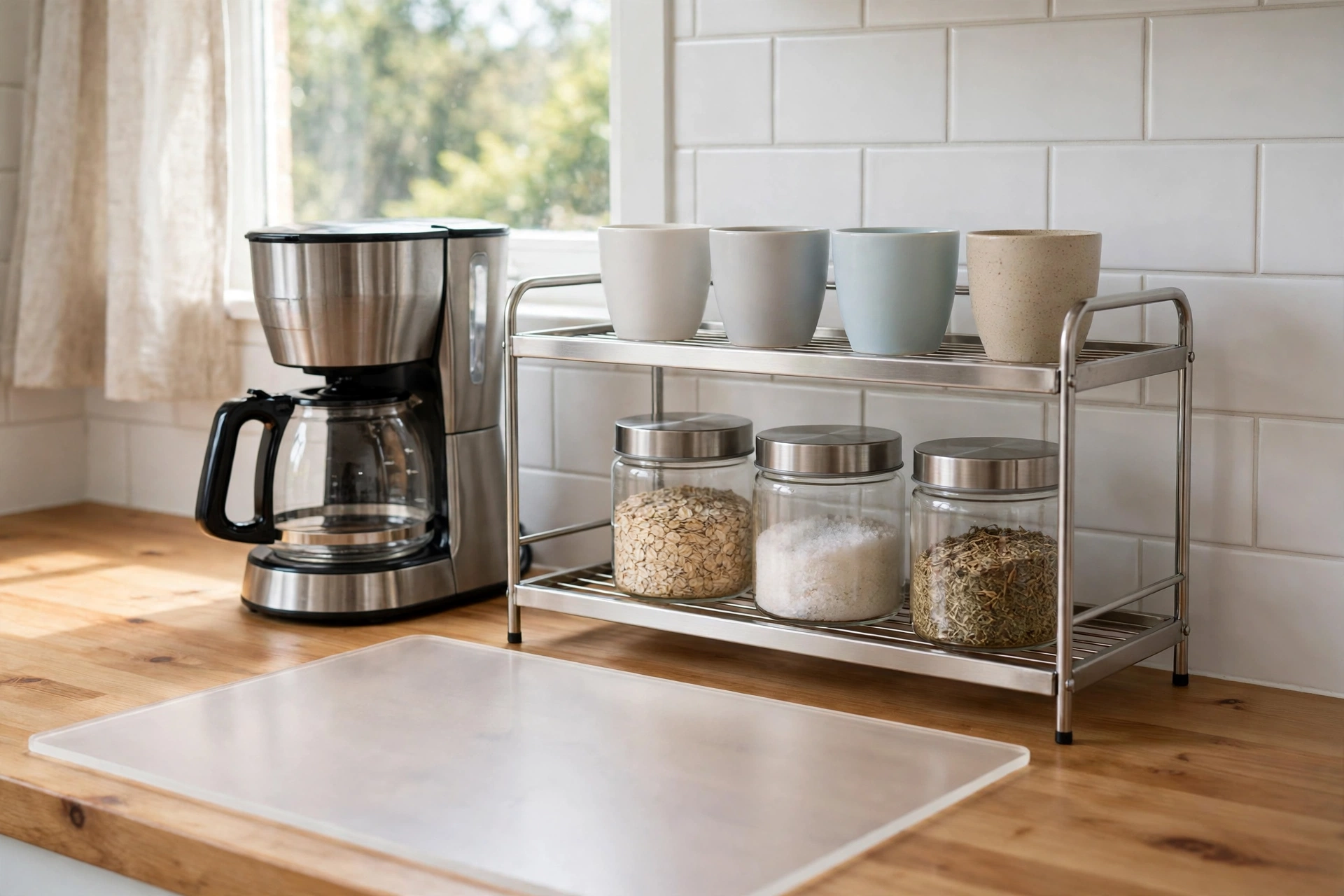Stainless steel two-tier counter shelf with cups and jars beside a coffee maker in a small kitchen