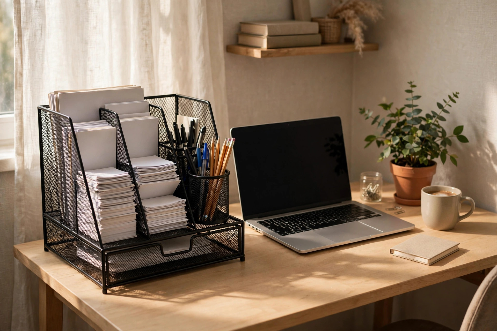 Neatly organized small home office desk with a black mesh desk organizer holding papers and pens, laptop, plant and mug