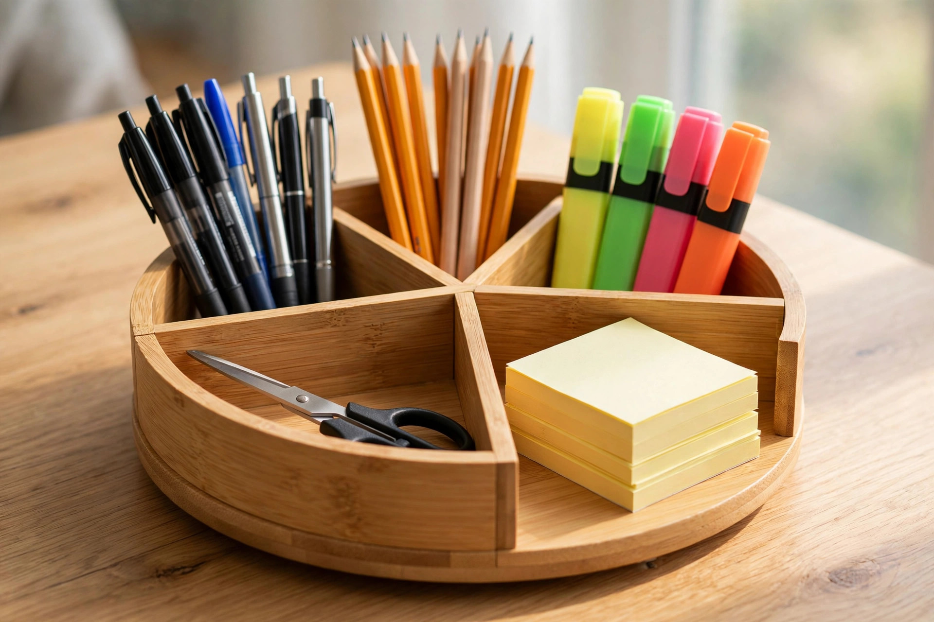 Close-up of a round rotating desktop caddy with compartments holding pens, pencils, highlighters, scissors and sticky notes