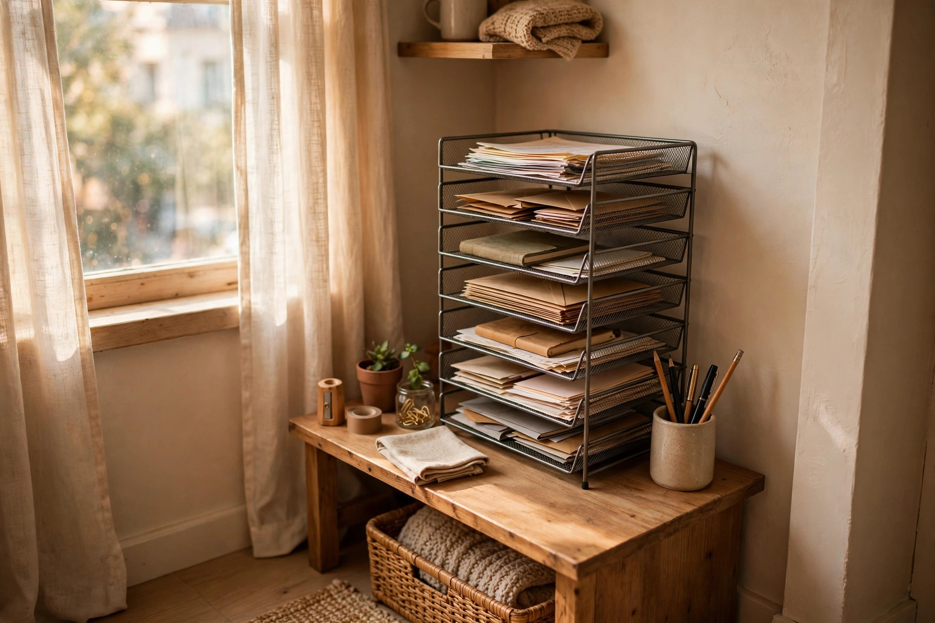 Stacked metal mesh letter tray desk organizer with sorted papers on a small wooden corner desk