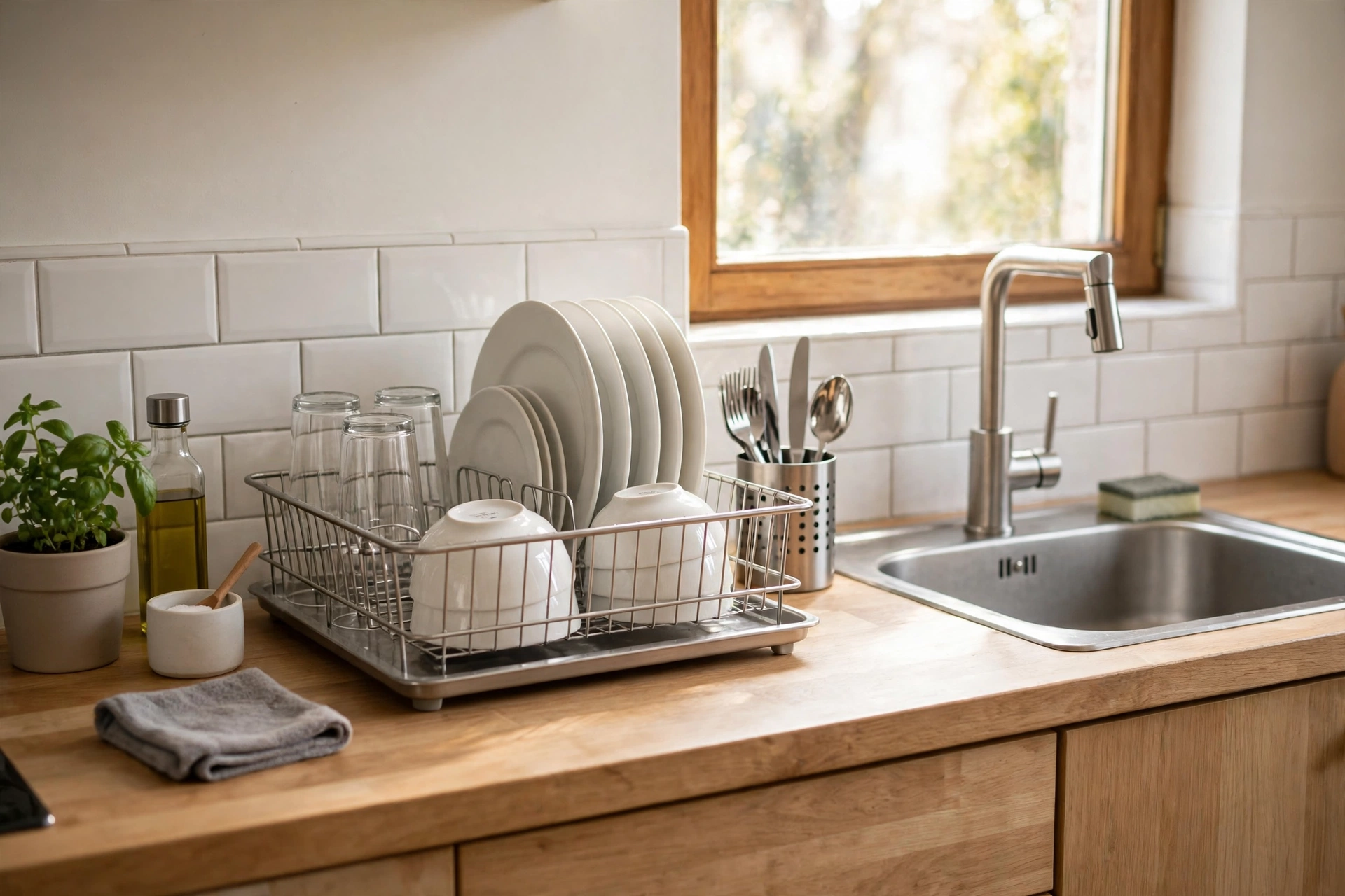 Compact stainless steel dish drying rack with clean plates and glasses on a small kitchen counter beside the sink