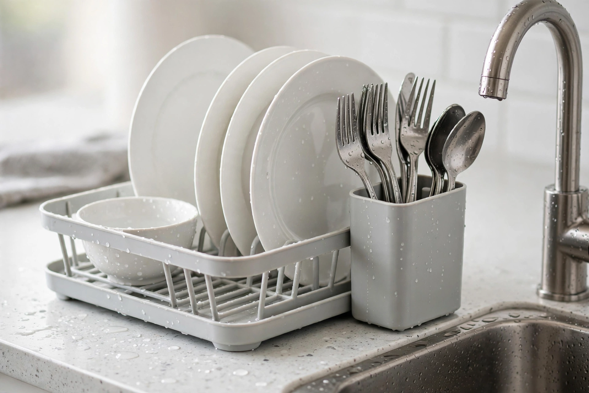Close-up of a compact dish drying rack with upright plates and a cutlery holder on a small kitchen counter