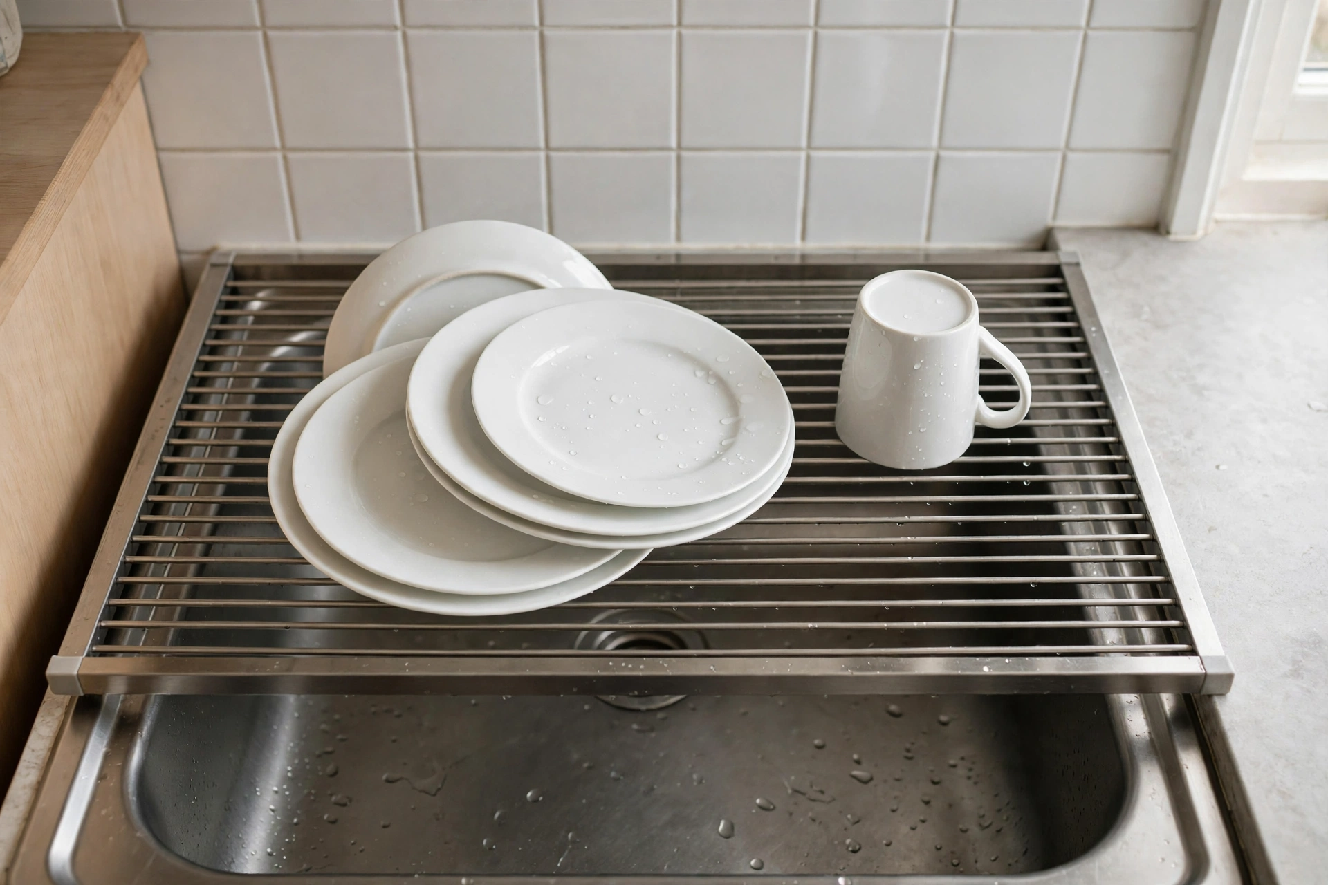 Roll-up dish drying rack with clean dishes over a kitchen sink in a small apartment kitchen