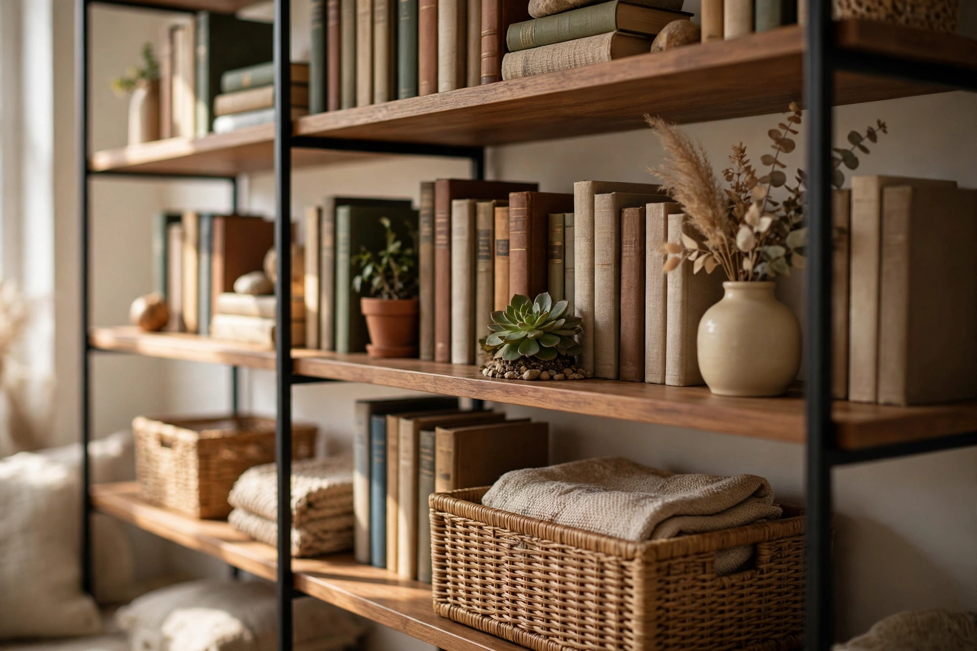 Styled open bookshelves with books, plants and storage baskets in a small living room