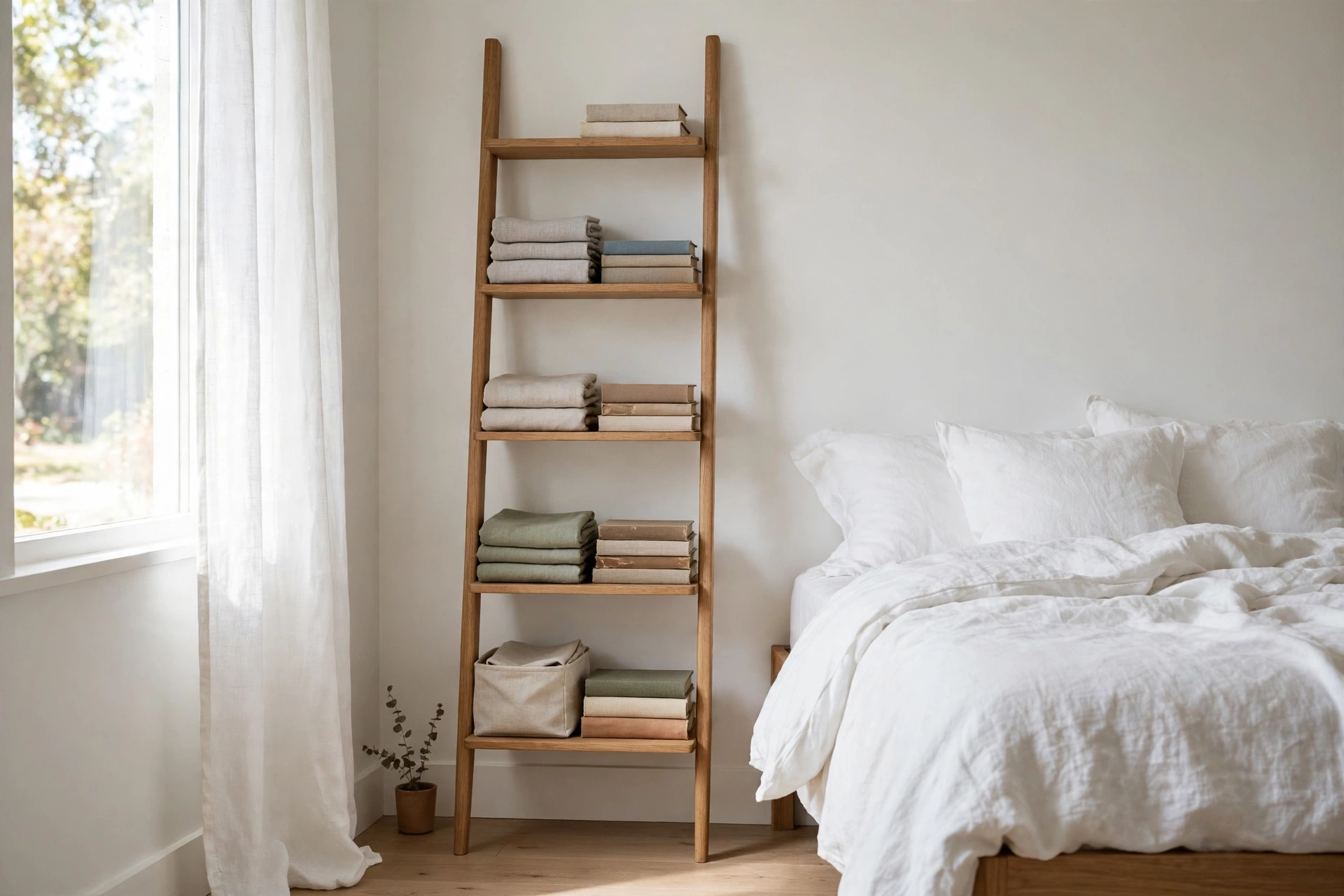 Narrow ladder-style bookshelf with books and fabric bins in a small bedroom corner