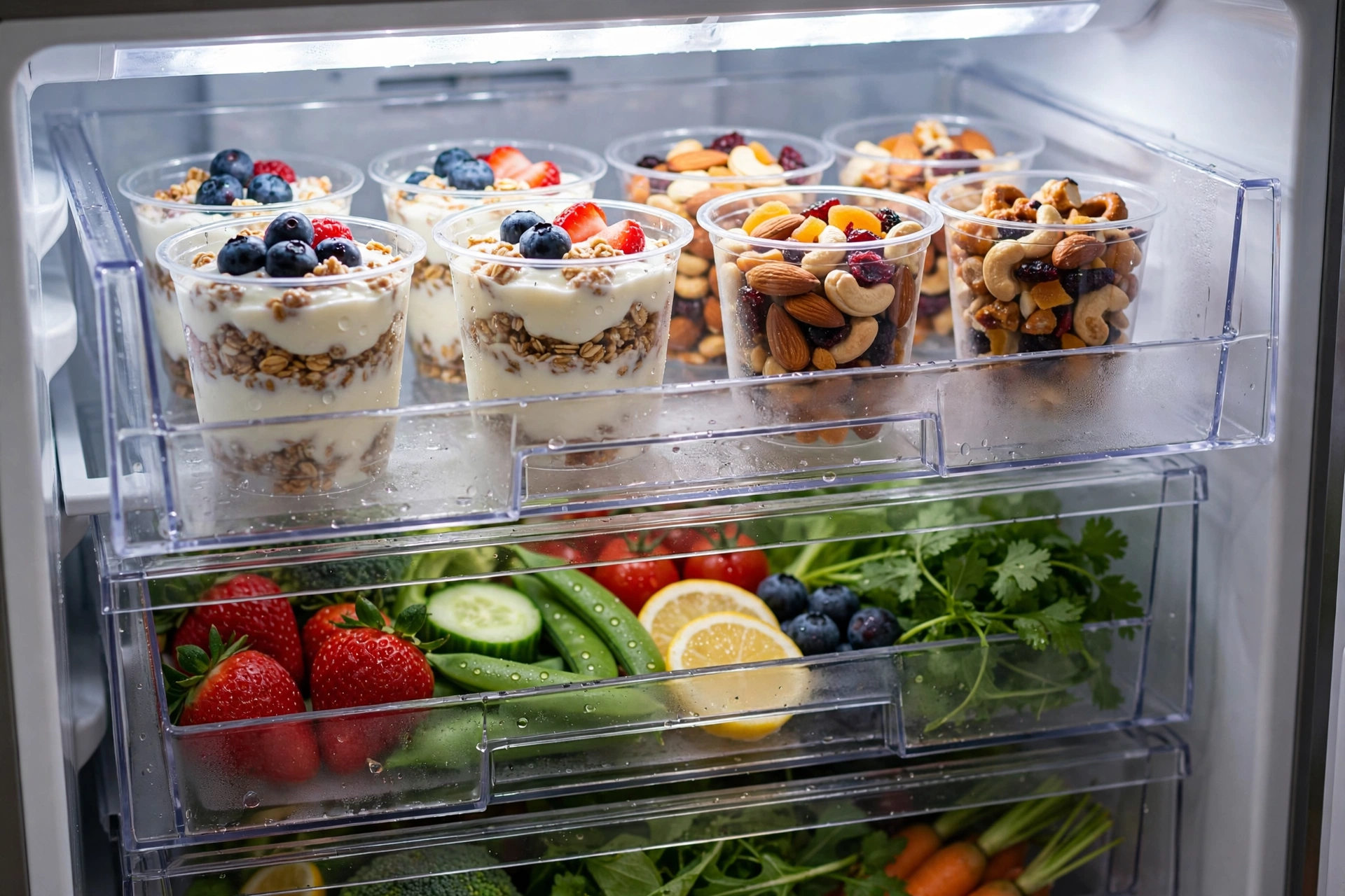Clear pull-out stackable fridge organizer drawers with yogurts and produce inside a small refrigerator