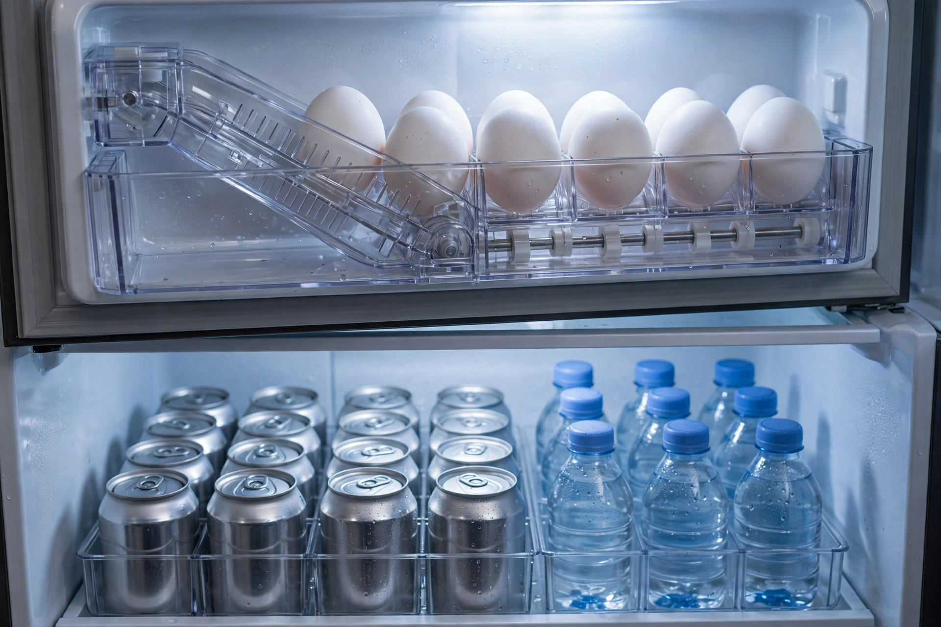 Auto-rolling egg dispenser tray with white eggs and a drink organizer holding soda cans inside a fridge