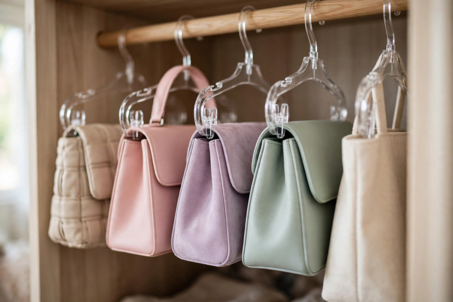Colorful handbags hanging on clear acrylic purse hangers in a small closet