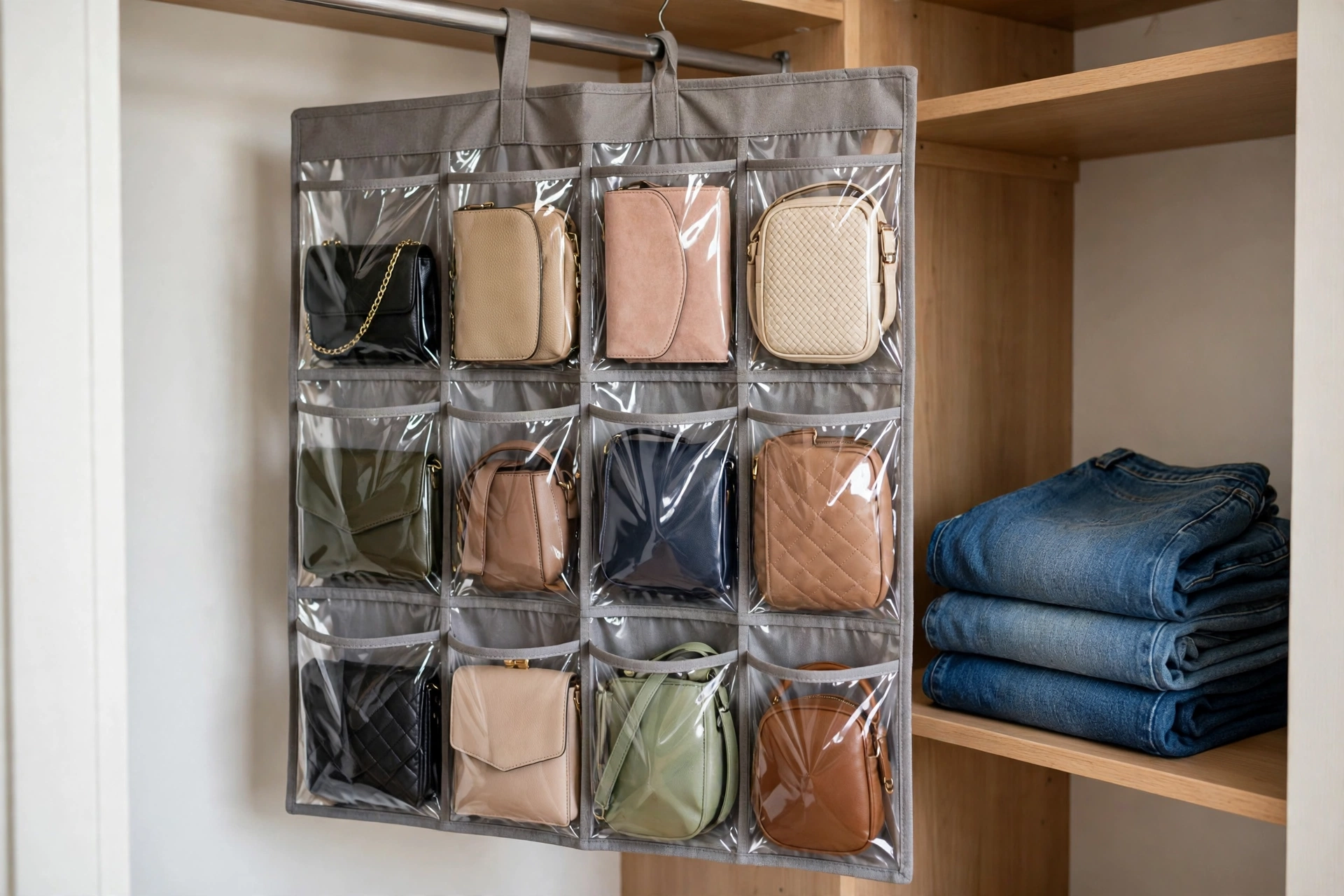 Hanging fabric handbag organizer with clear pockets filled with purses in a small closet