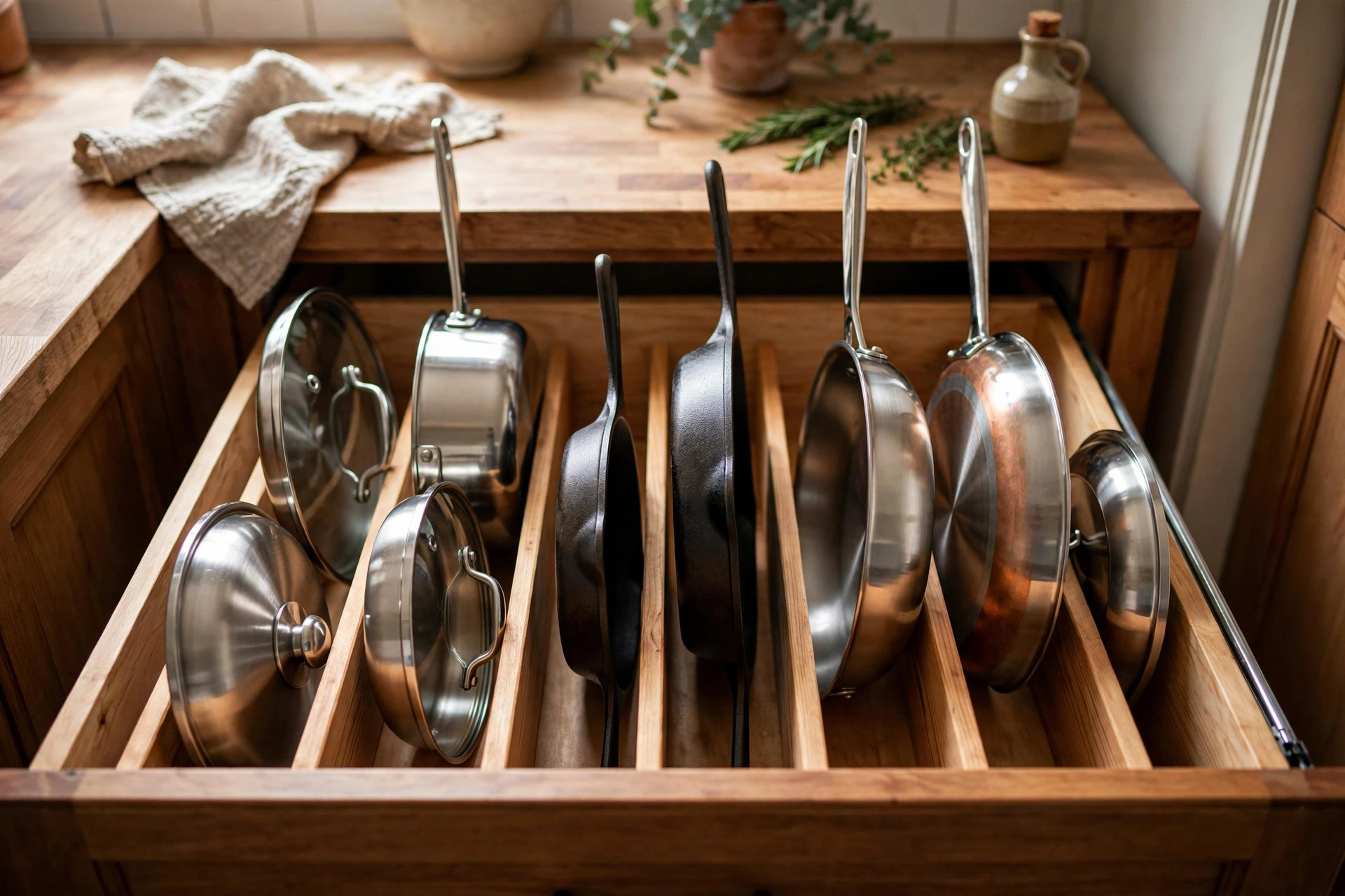 Deep kitchen drawer with wooden dividers holding pots, pans, and lids upright