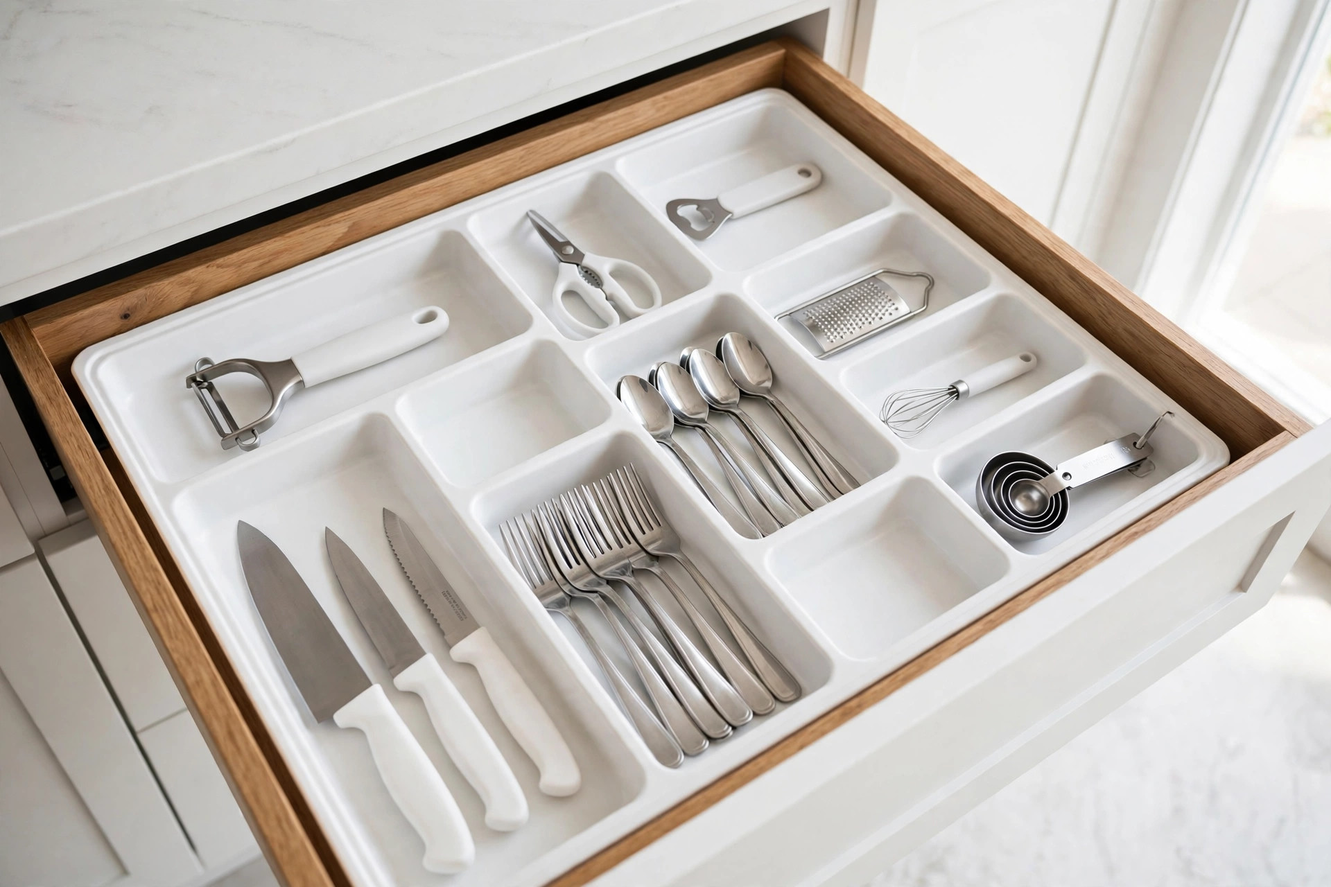 Kitchen drawer with adjustable white organizer tray holding knives, forks, and spoons in compartments