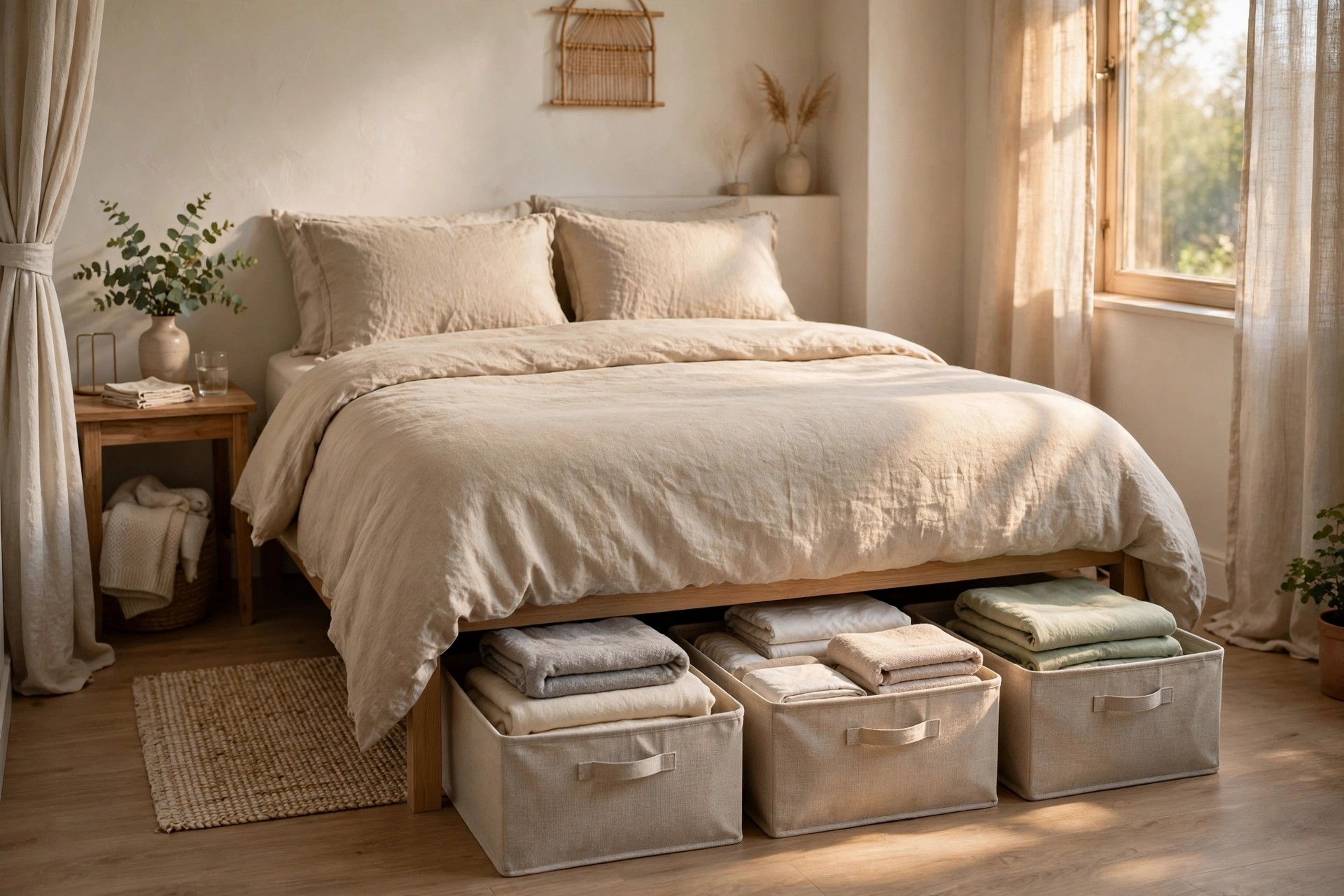 Tidy small bedroom with fabric under-bed storage bins holding folded blankets under a neatly made bed