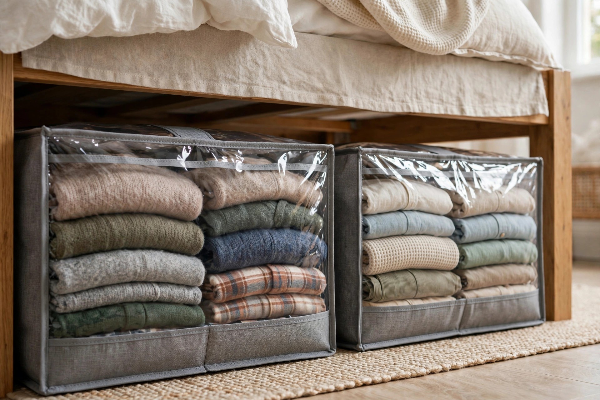 Fabric under-bed storage bags with clear windows holding folded seasonal clothes under a bed