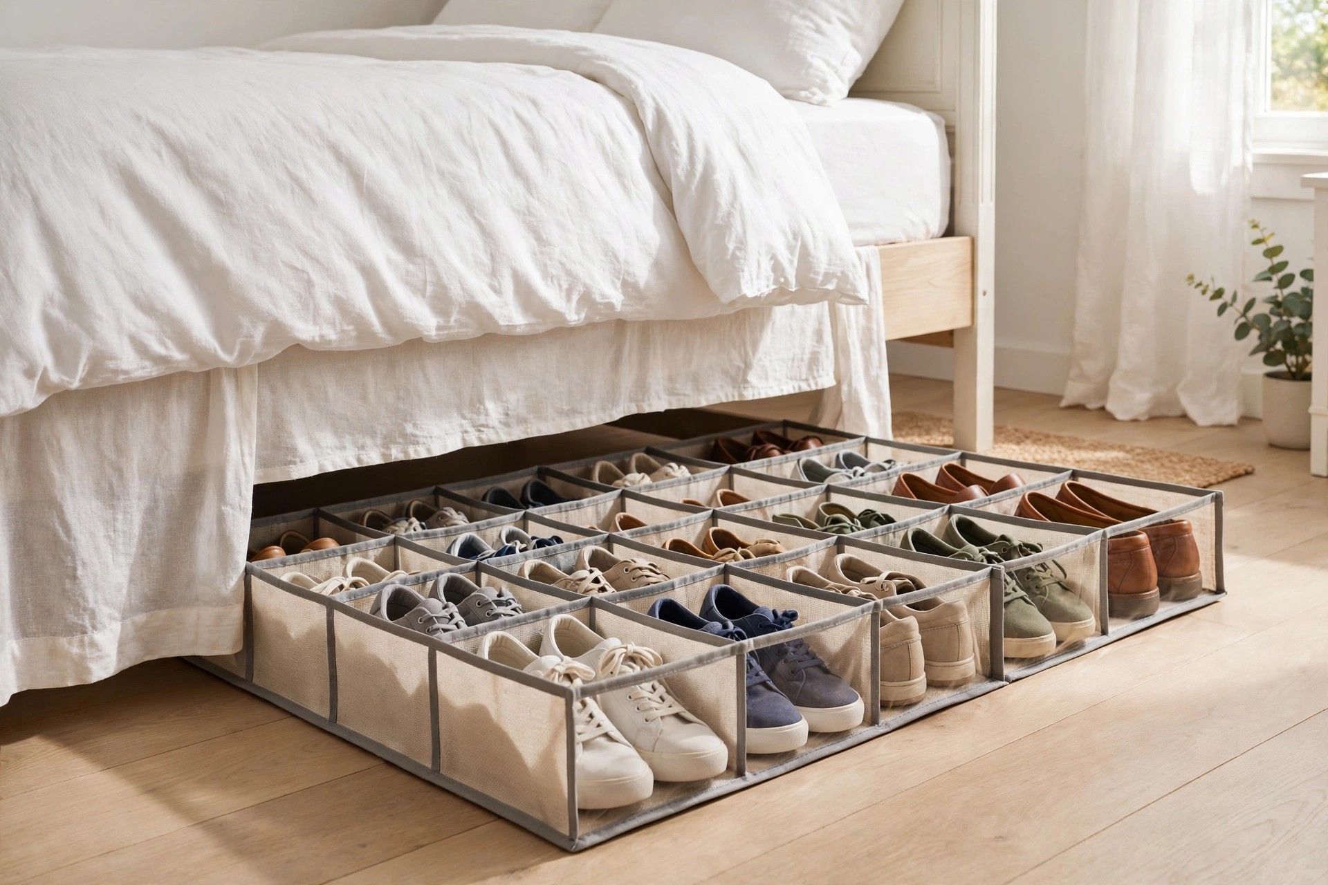 Under-bed shoe organizer with individual slots holding pairs of shoes beside a bed