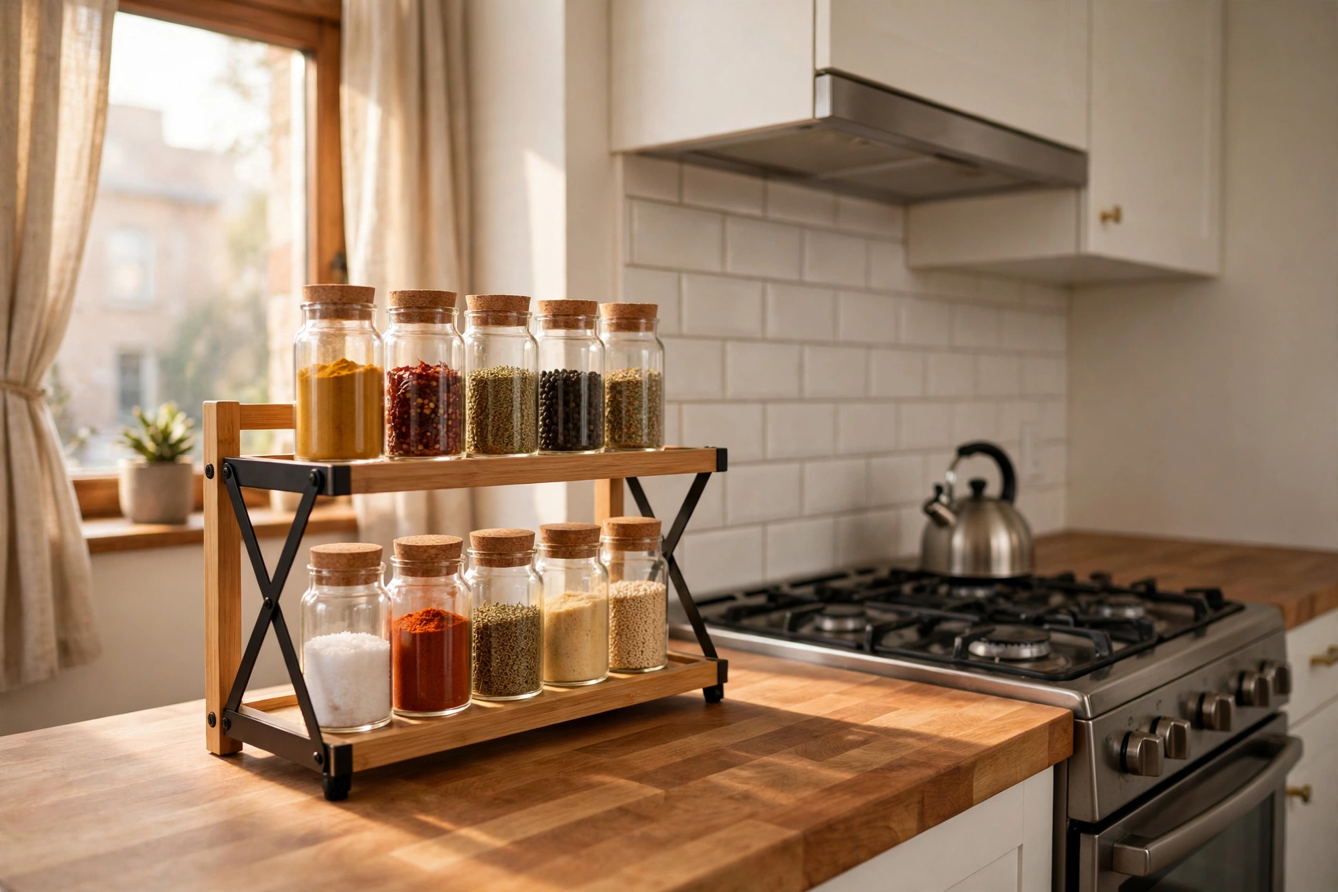 Two-tier bamboo and metal expandable spice rack with glass spice jars on a butcher-block kitchen counter