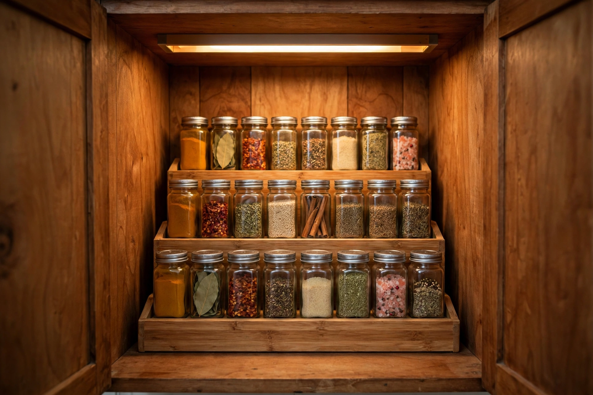 Stepped tiered spice organizer with glass spice jars neatly arranged inside an open kitchen cabinet