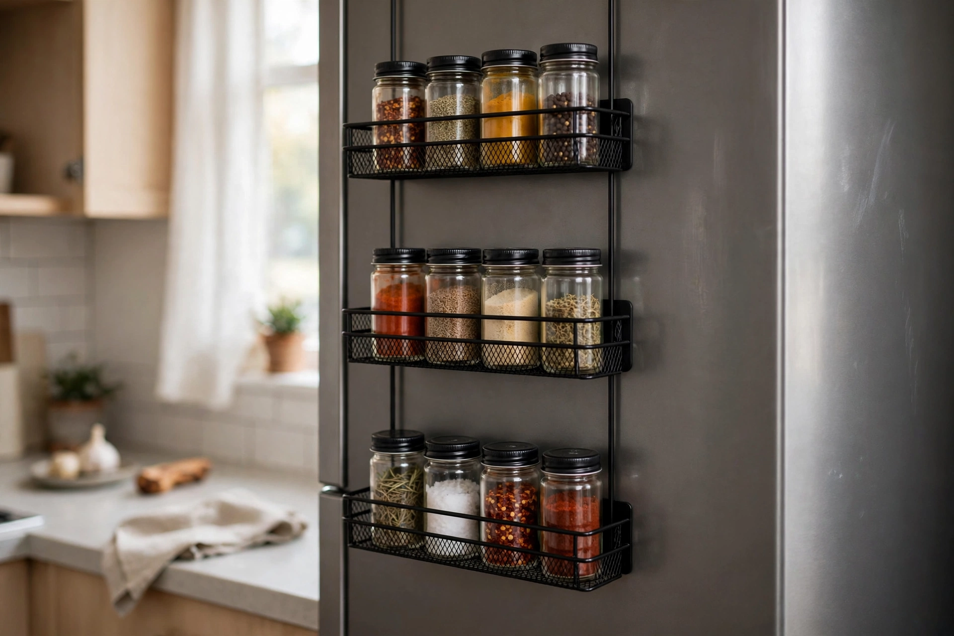 Black metal magnetic spice racks holding small spice jars on the side of a refrigerator in a small kitchen