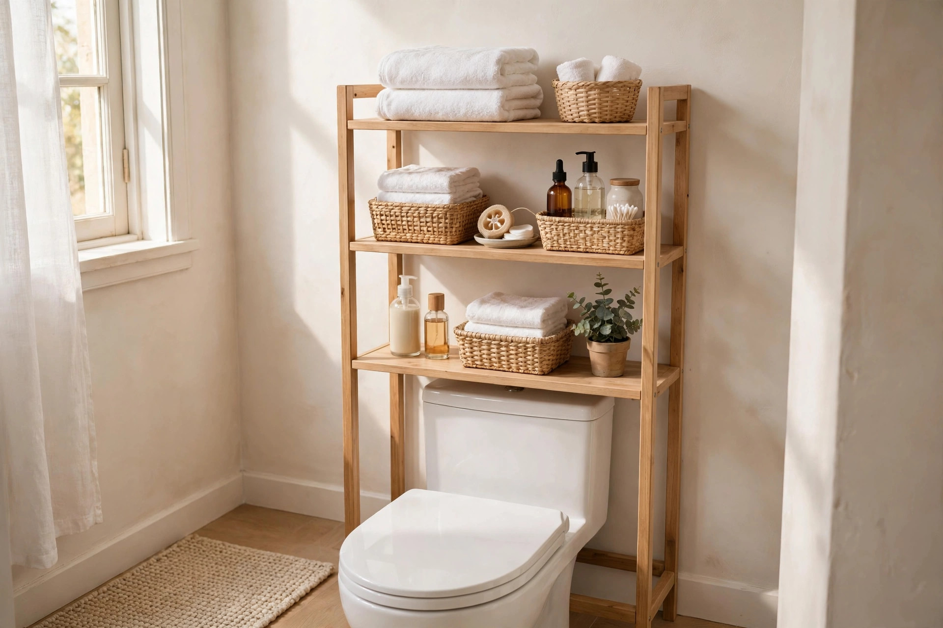 Over-toilet shelf organizer with folded towels and baskets in a small bathroom