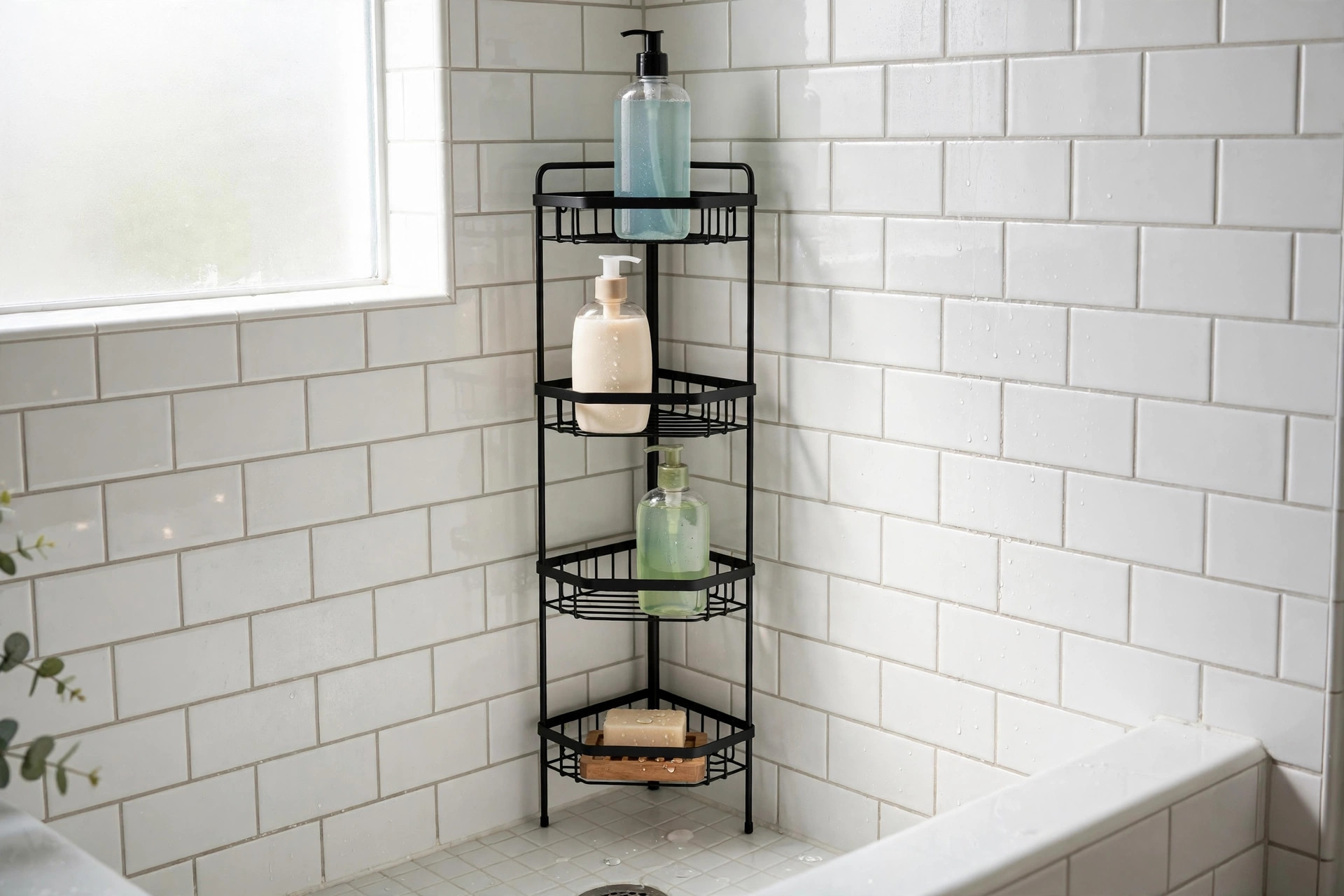 Corner shower caddy organizer with bottles in a tiled shower