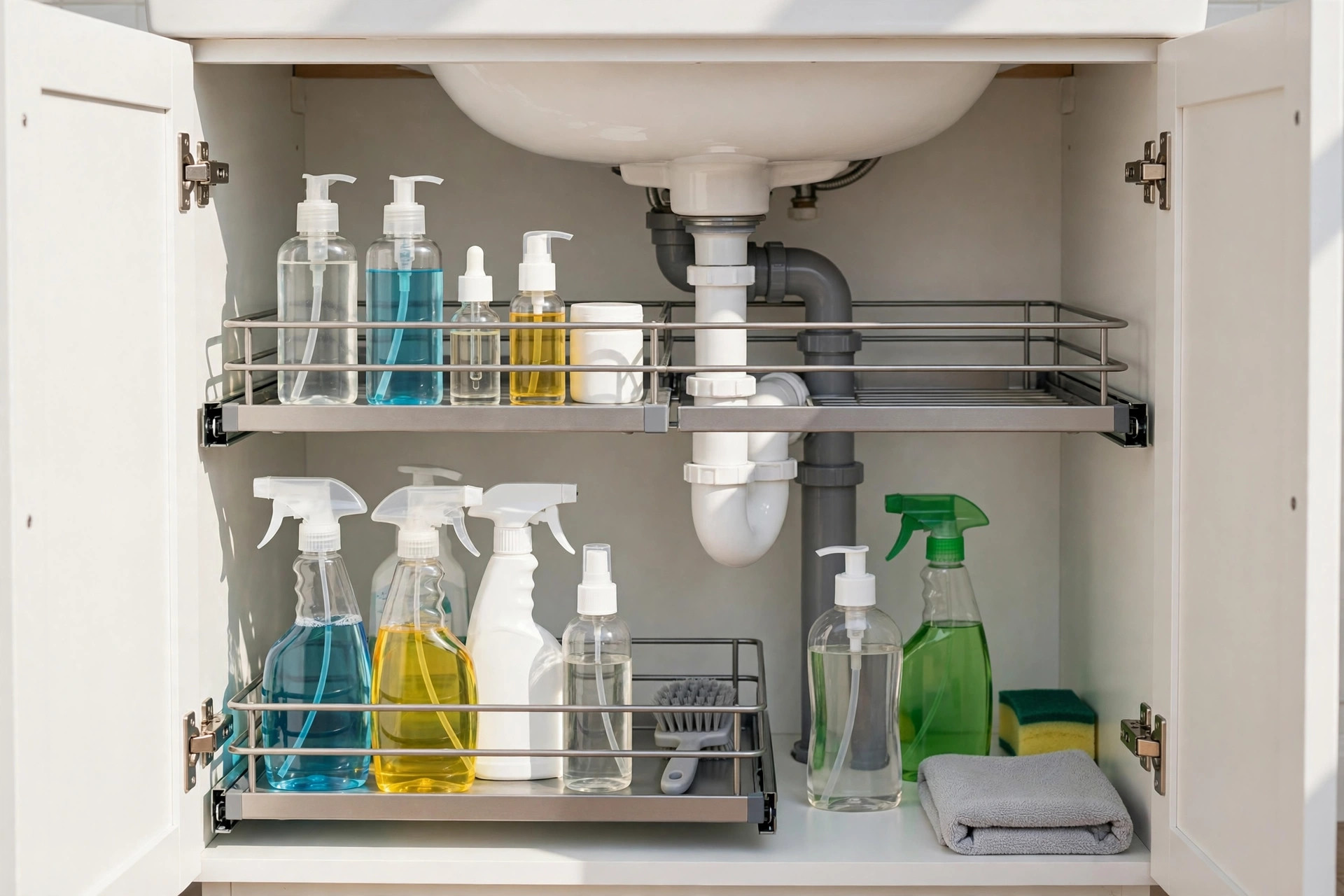 Two-tier pull-out organizer with bottles inside a bathroom vanity cabinet
