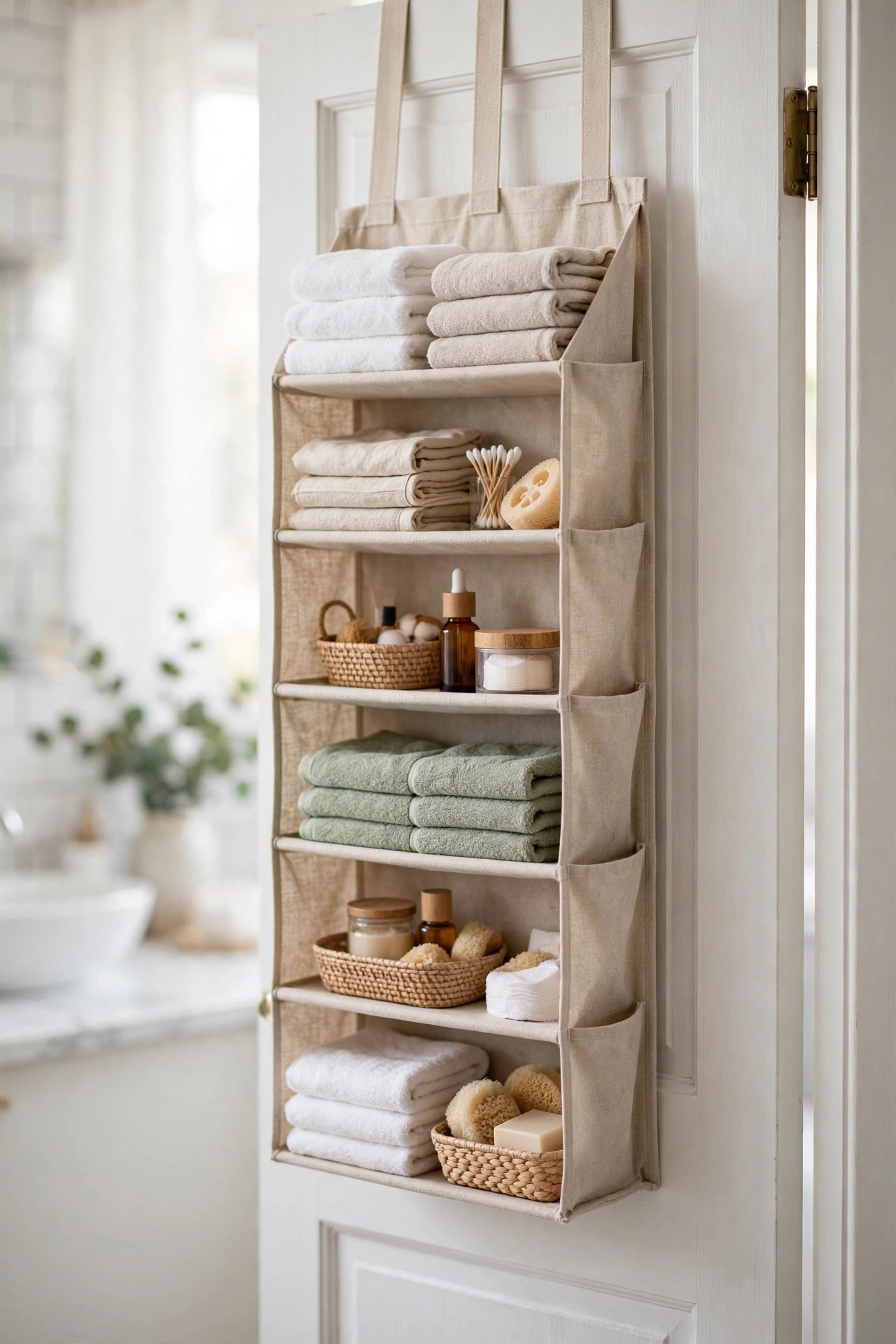 Fabric over-the-door shelf organizer with folded towels and toiletries hanging on the back of a bathroom door