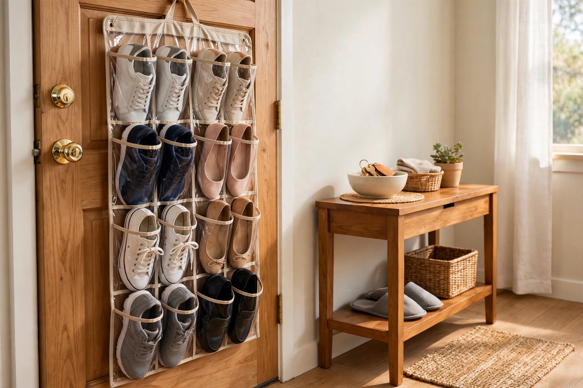 Clear-pocket over-the-door shoe organizer holding neat pairs of sneakers and flats on the back of an entryway door