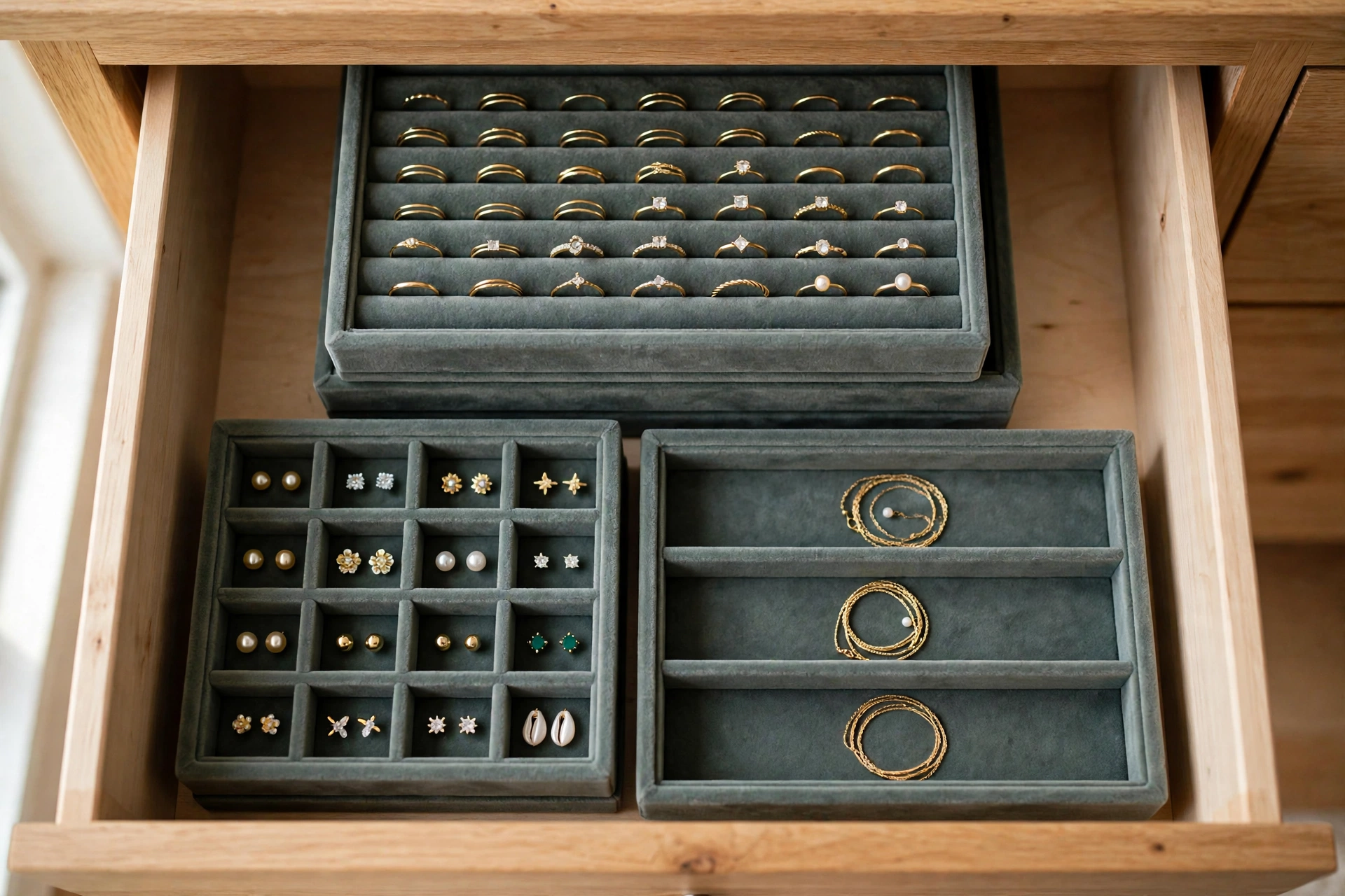 Stackable velvet jewelry trays with rings, earrings and necklaces neatly arranged inside an open dresser drawer