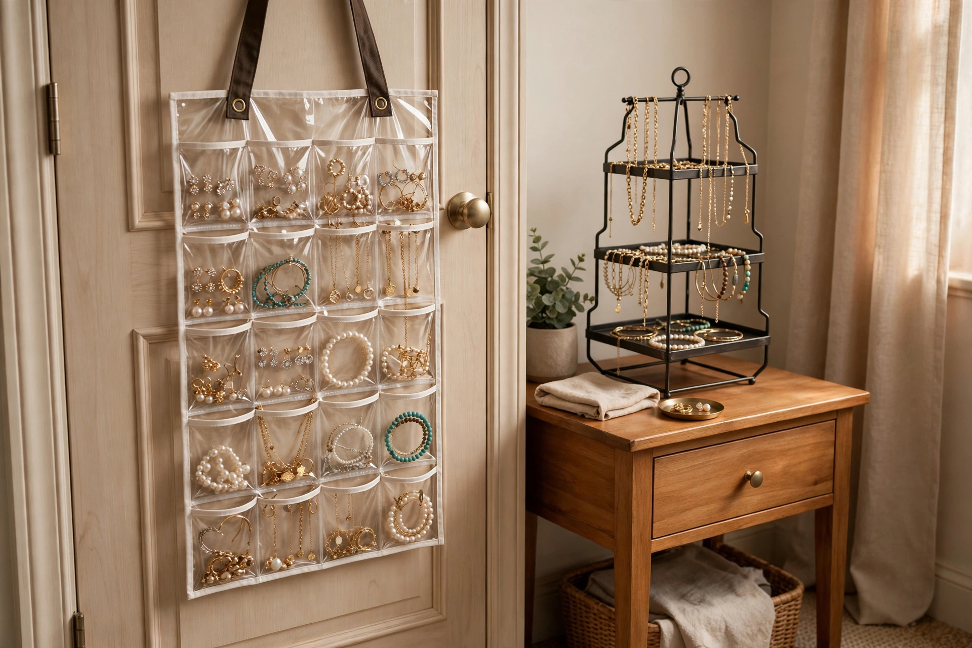Hanging jewelry organizer with clear pockets on a closet door beside a tiered jewelry stand on a nightstand