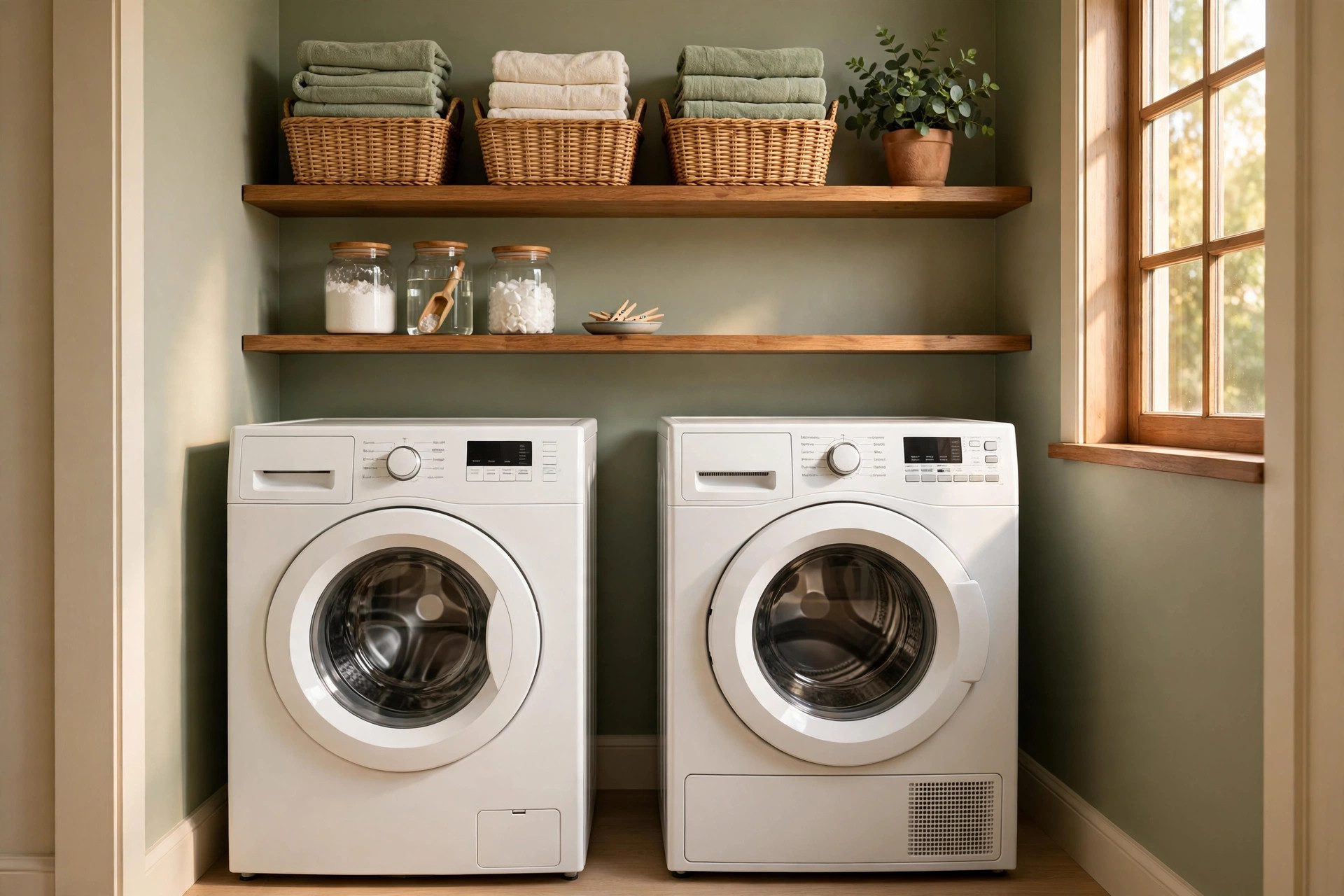 Tidy small laundry room with a white washer and dryer, open shelves holding folded towels in baskets, and glass jars of detergent