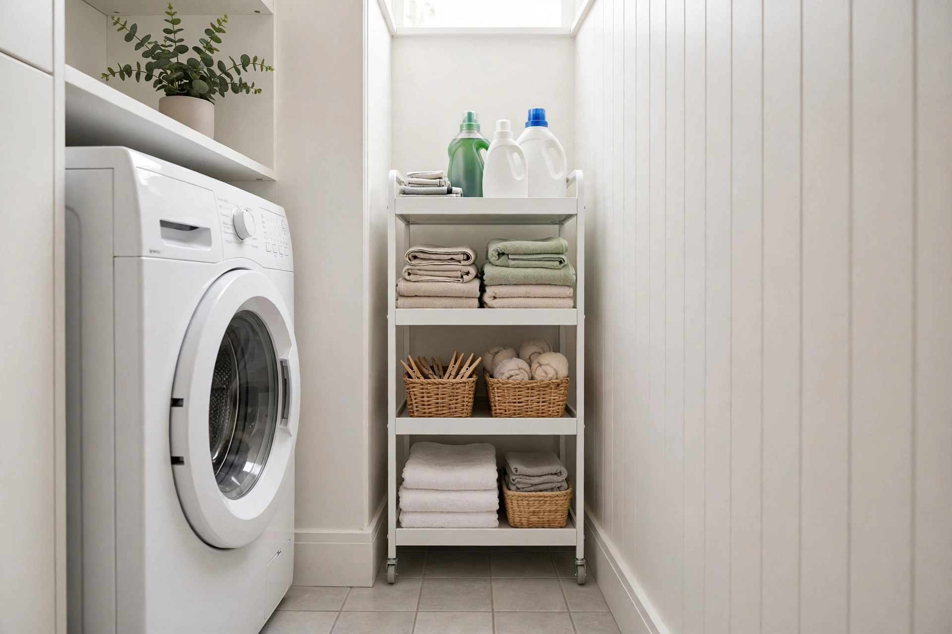 Slim white rolling storage cart tucked into the narrow gap beside a washer in a small laundry nook, shelves stocked with folded towels and detergent