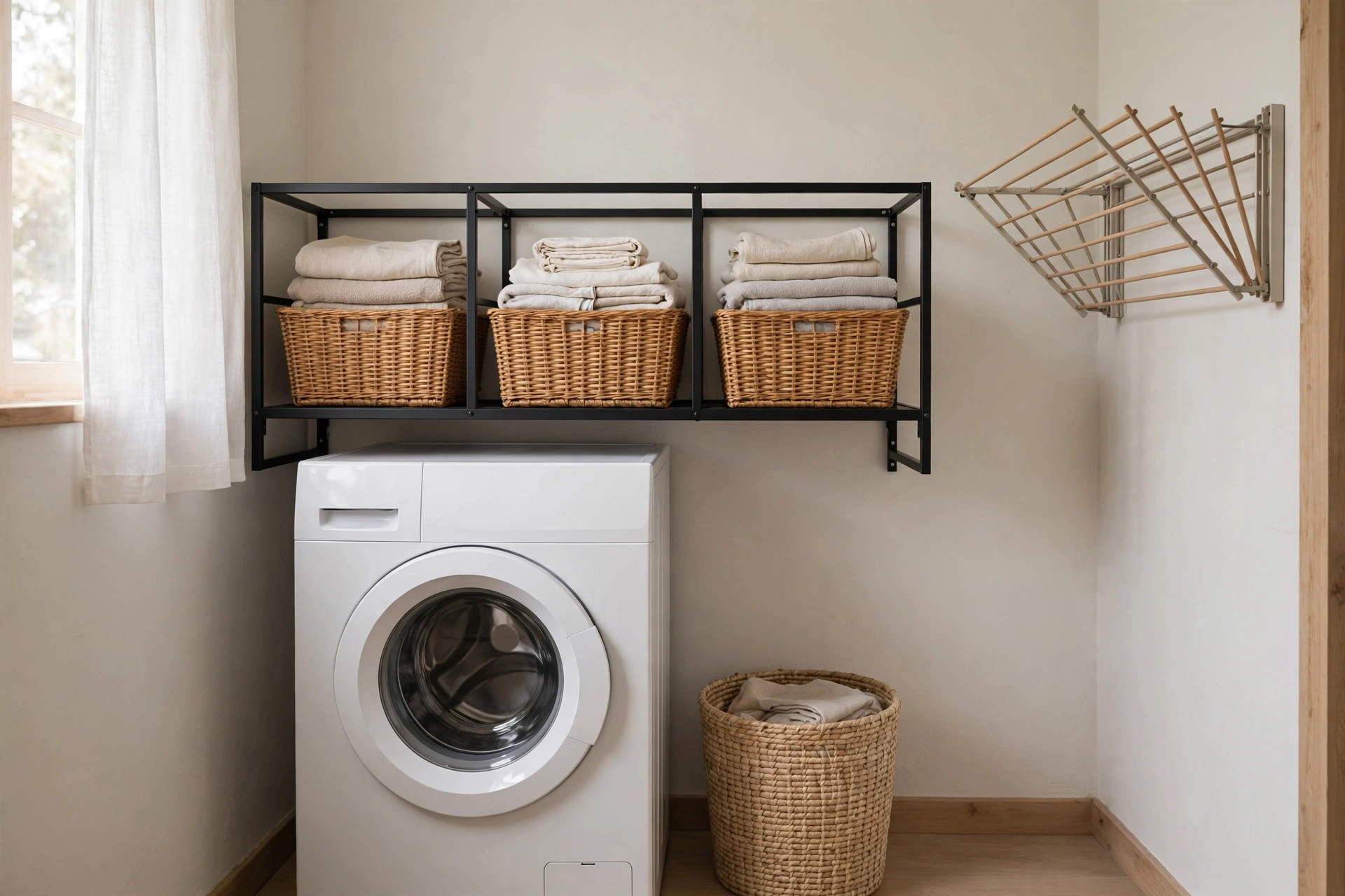 Over-the-washer shelf organizer with woven baskets above a front-loading washer, and a wall-mounted folding drying rack beside it
