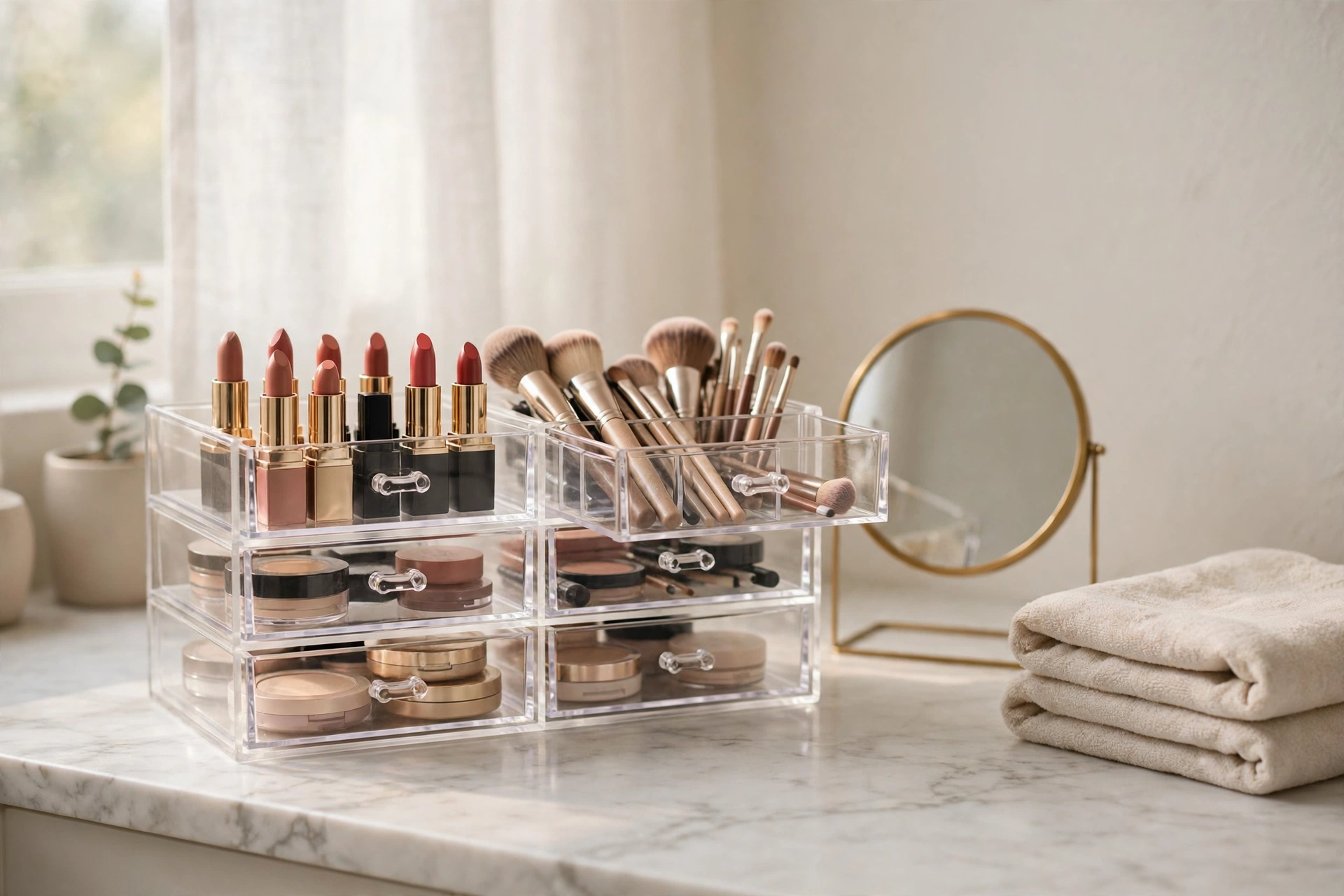 Clear multi-drawer makeup organizer with lipsticks, brushes, and compacts on a small bathroom vanity counter