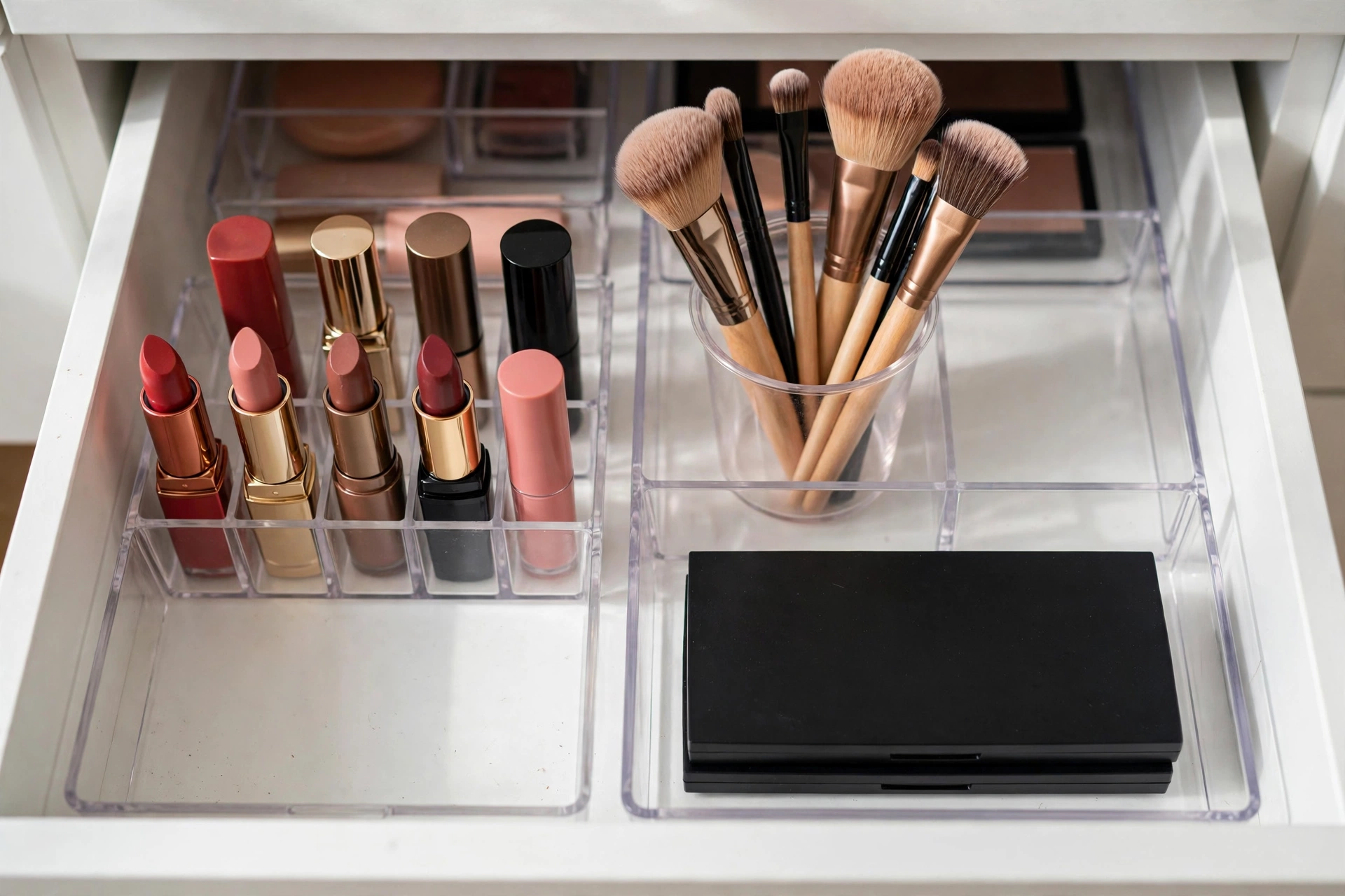 Open bathroom drawer with clear organizer trays holding lipsticks, makeup brushes, and palettes