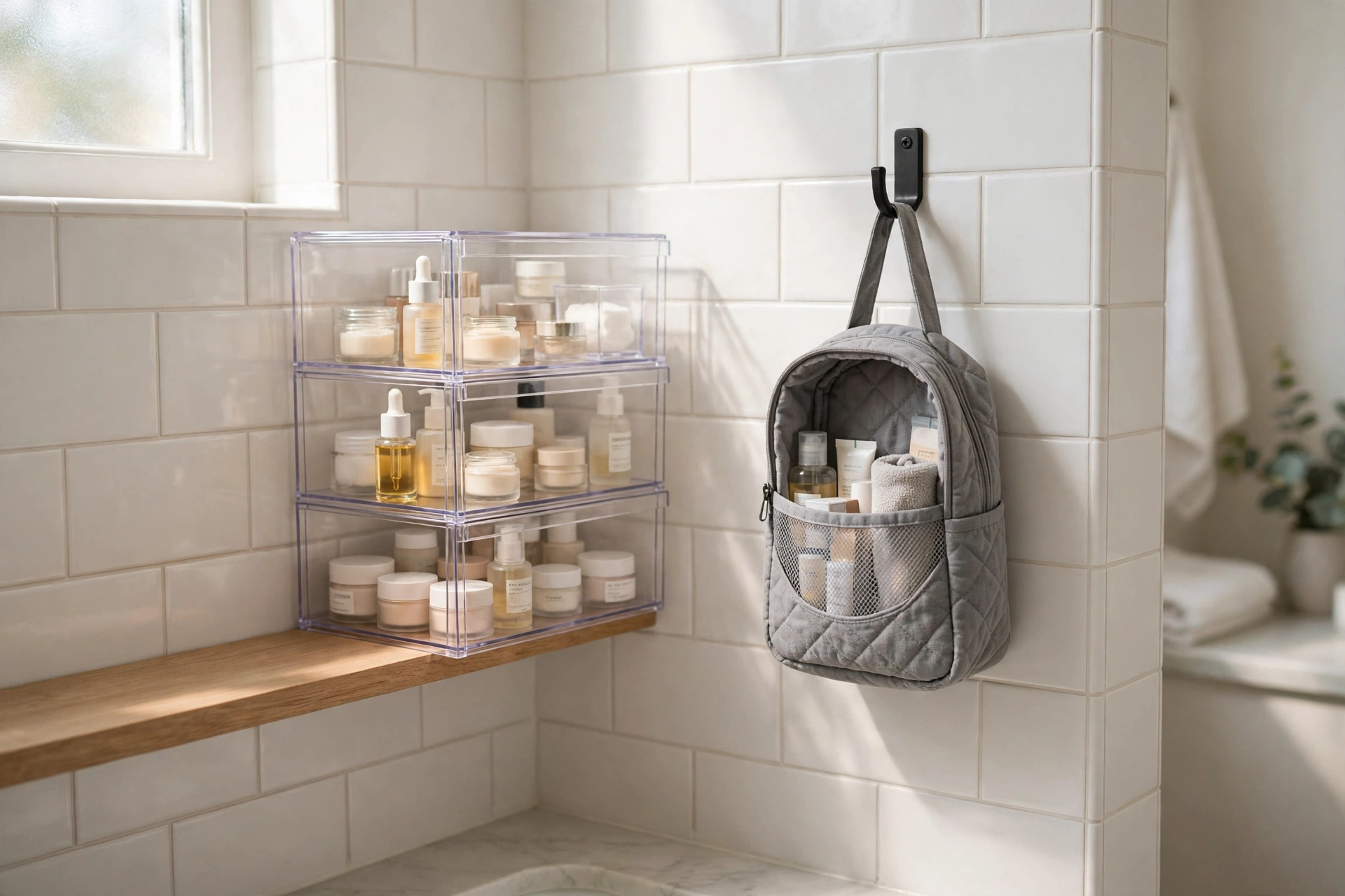 Clear stackable drawer tower with skincare products and a hanging toiletry bag in a small white-tiled bathroom