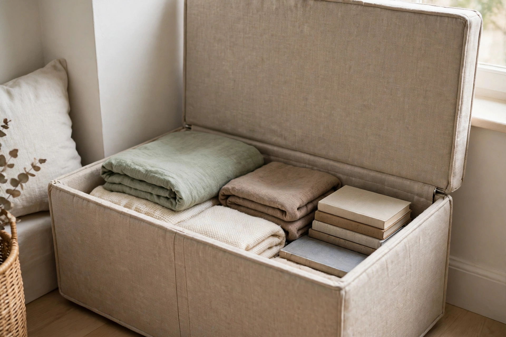 Open fabric storage ottoman bench in a tidy bedroom corner with neatly folded blankets stored inside