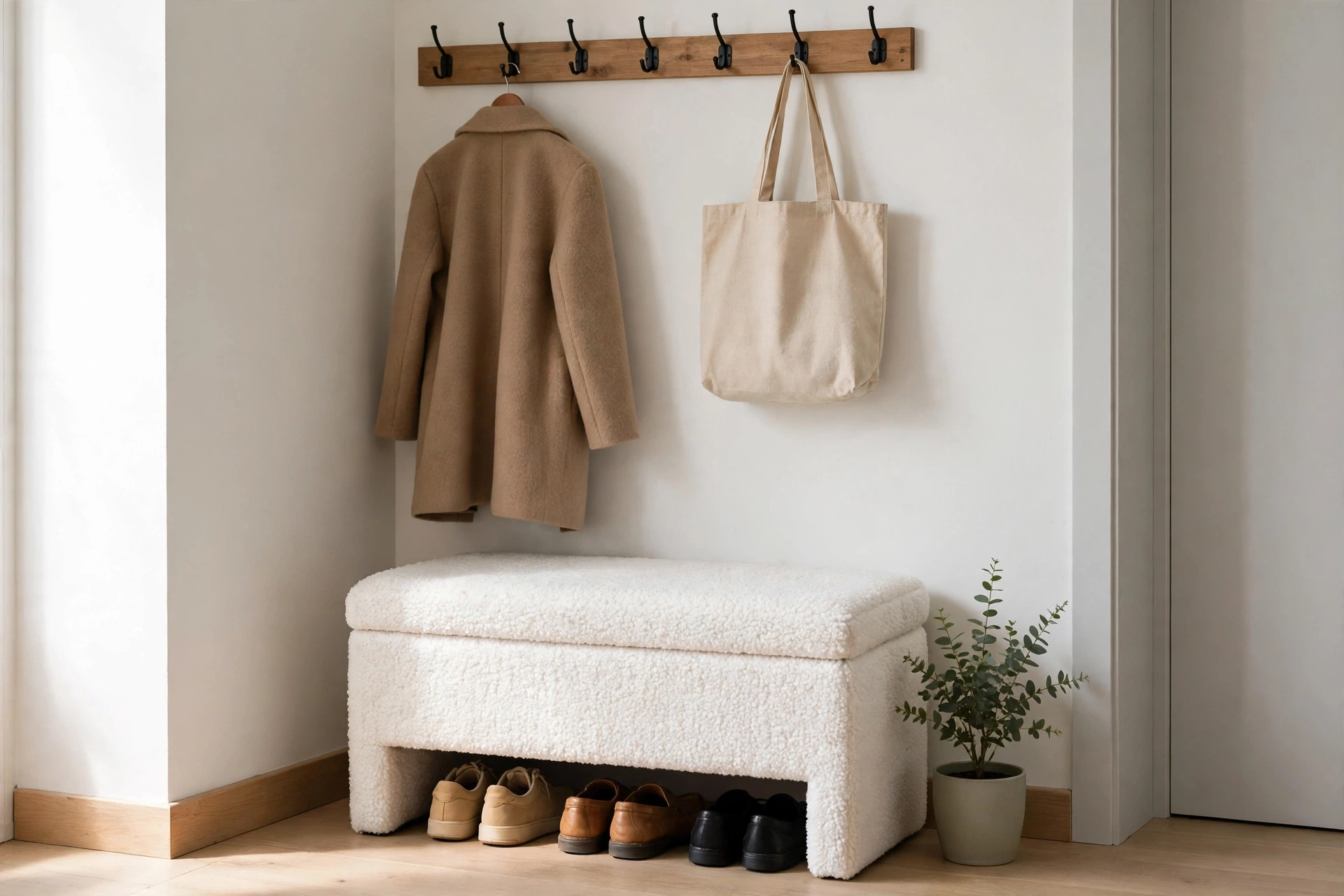 White sherpa storage ottoman bench in a tidy small apartment entryway with coats hanging above and shoes below